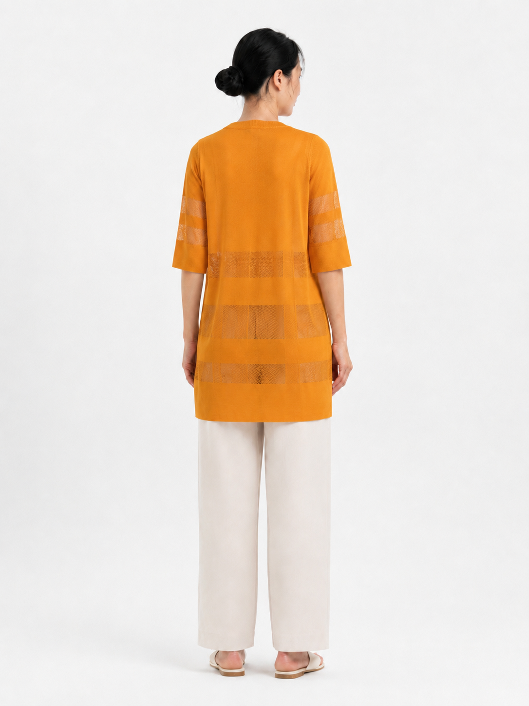 MY022 yellow long openwork v-neck cardigan back model view