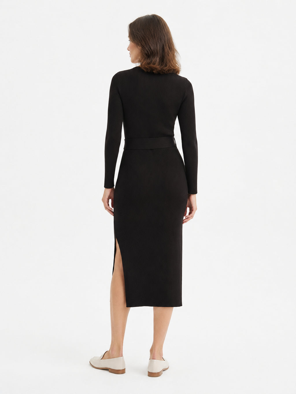 MY012 black ribbed side-slit sweater dress back model view