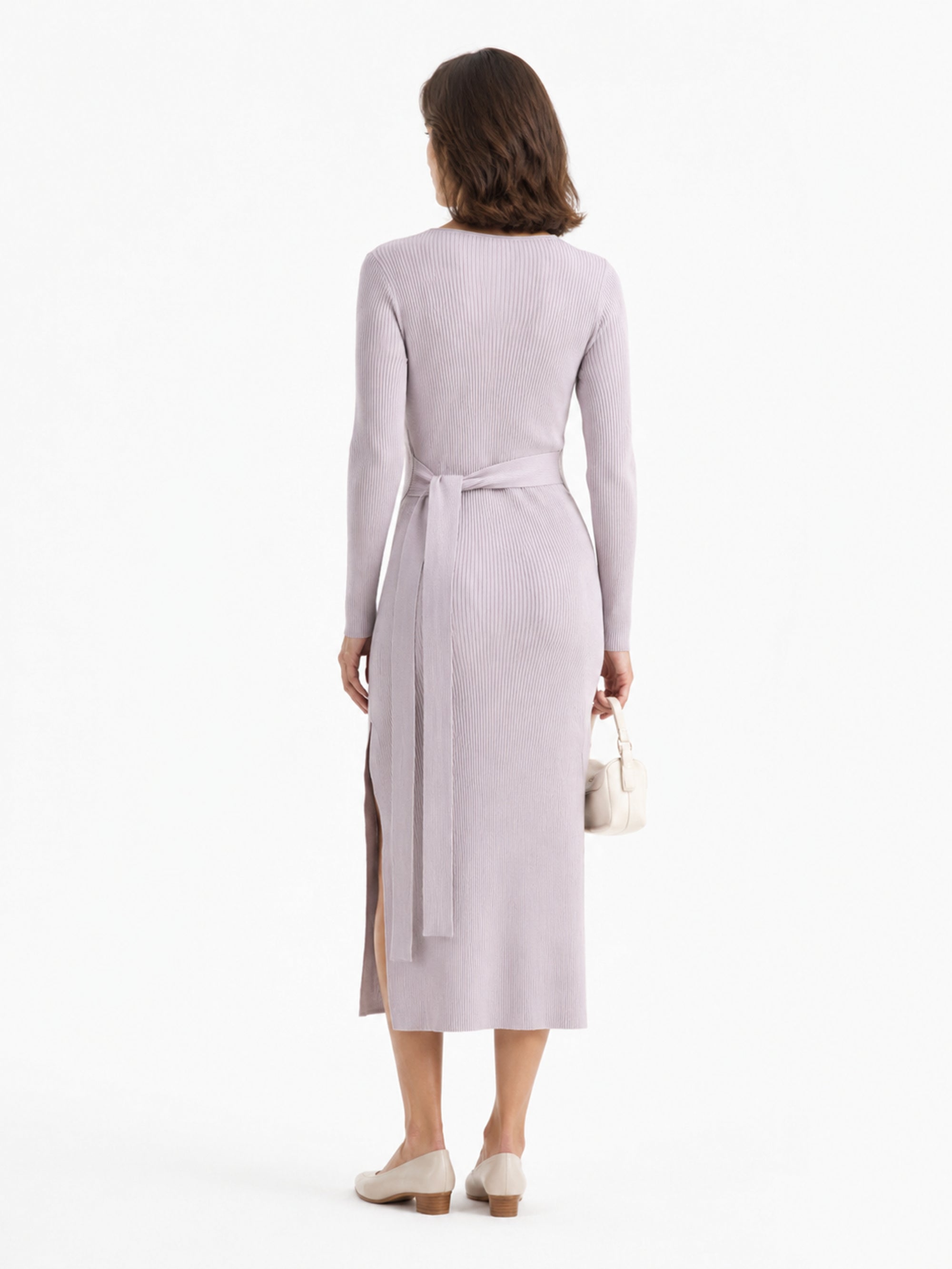MY012 purple ribbed side-slit sweater dress back model view