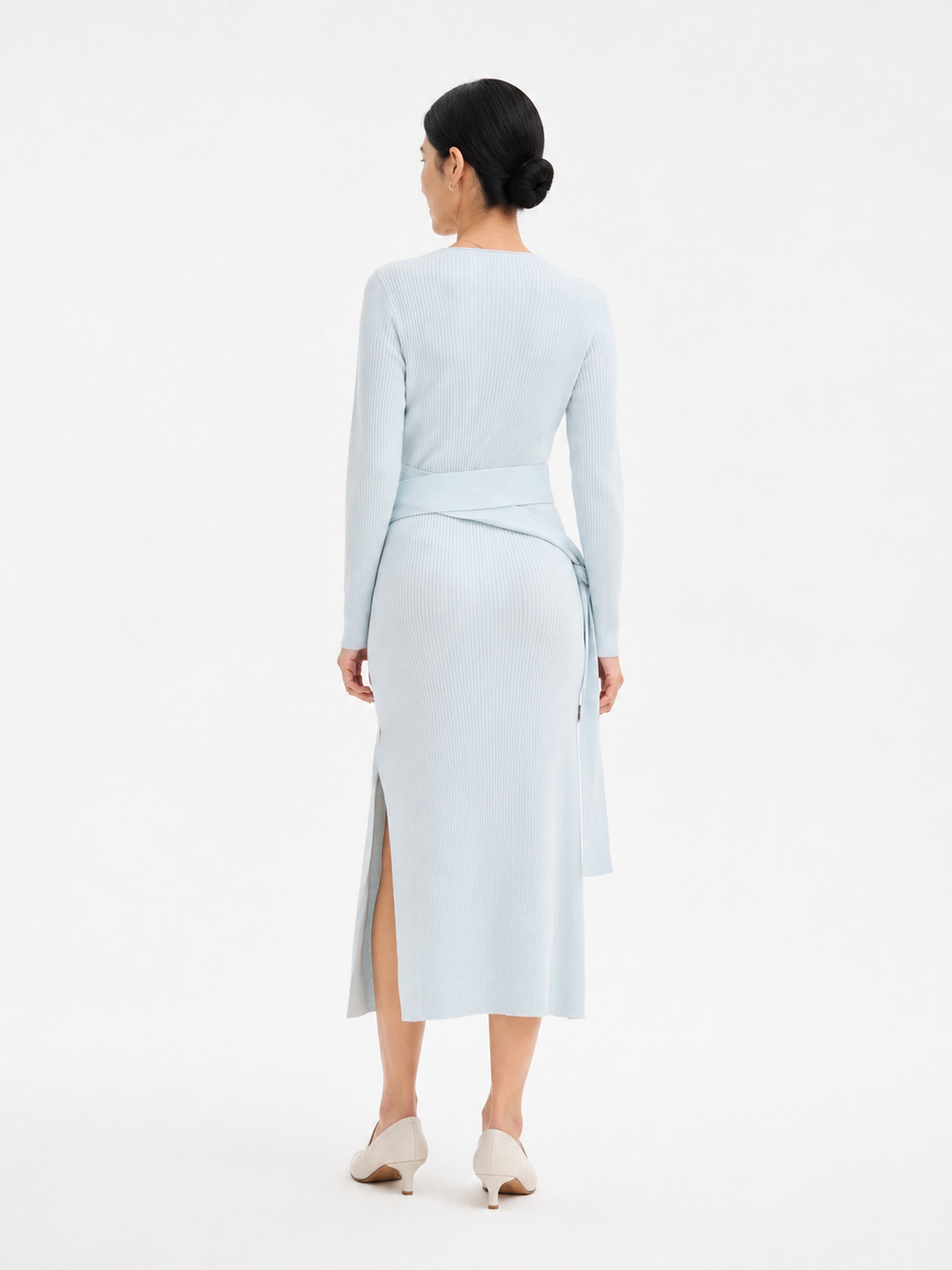 MY012 teal green ribbed side-slit sweater dress back model view