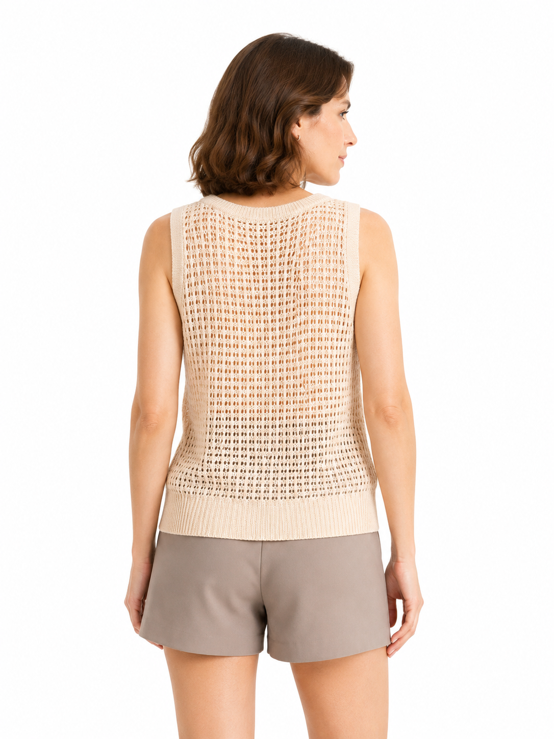 MY020 apricot openwork round-neck sleeveless top back model view