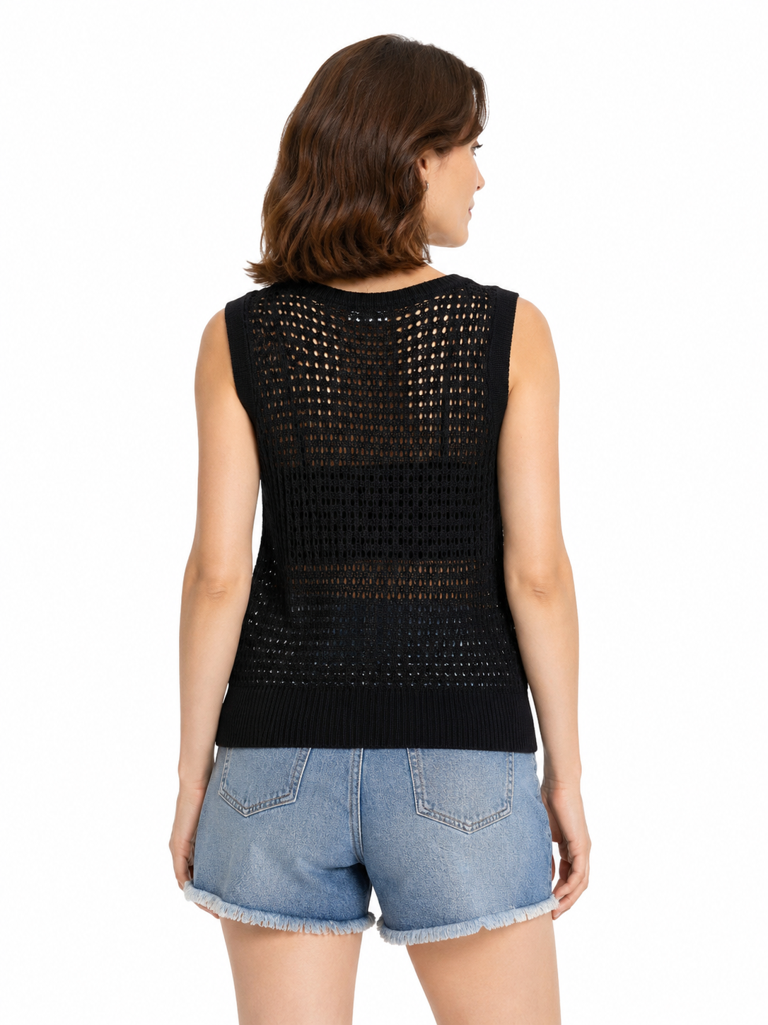 MY020 black openwork round-neck sleeveless top back model view