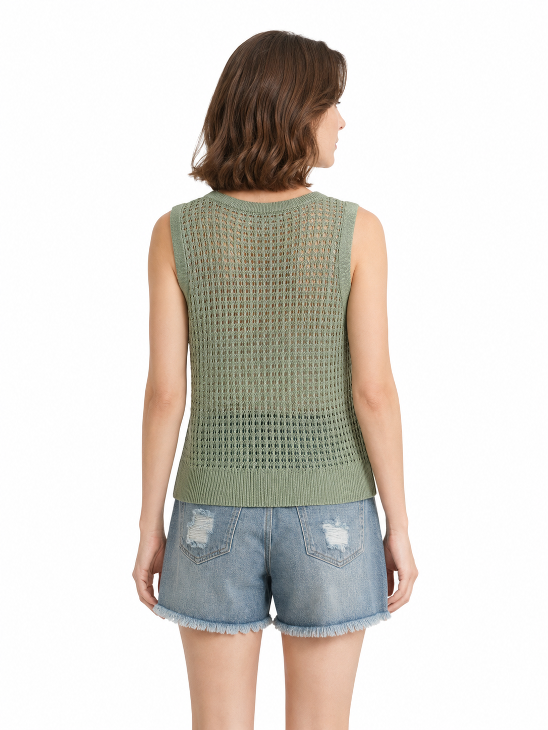 MY020 green openwork round-neck sleeveless top back model view