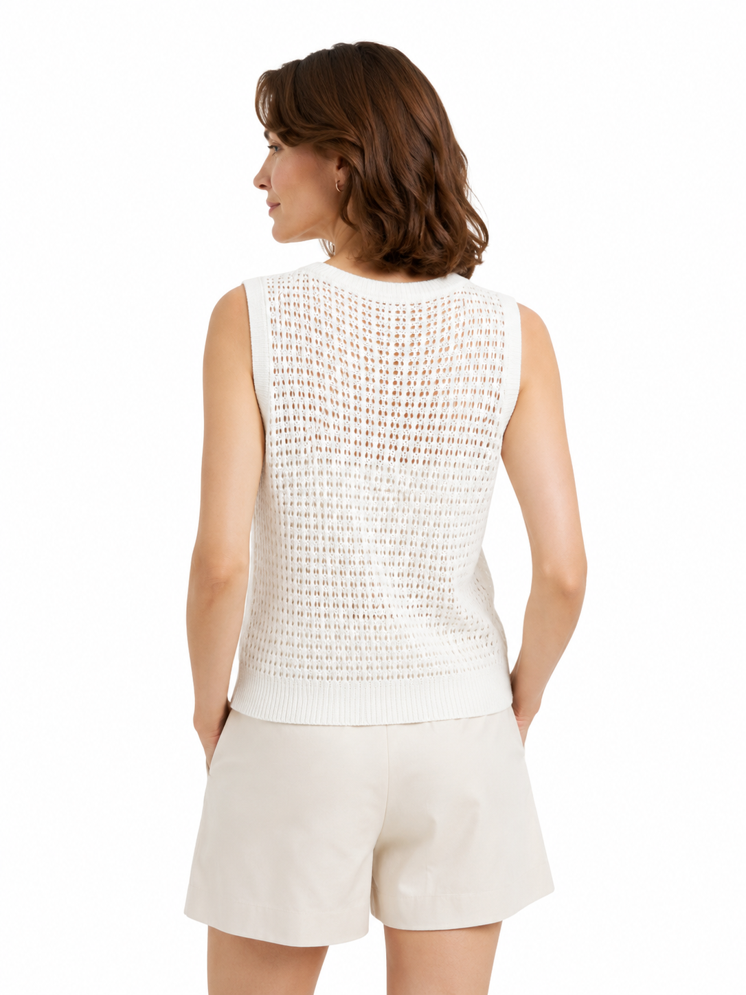 MY020 white openwork round-neck sleeveless top back model view
