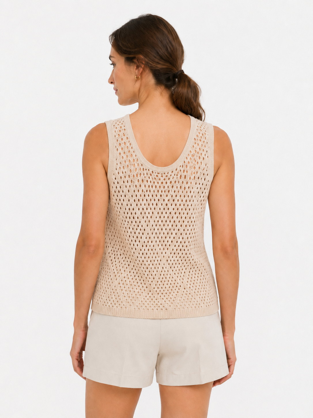 MY019 apricot open-knit sleeveless sweater tank back model view
