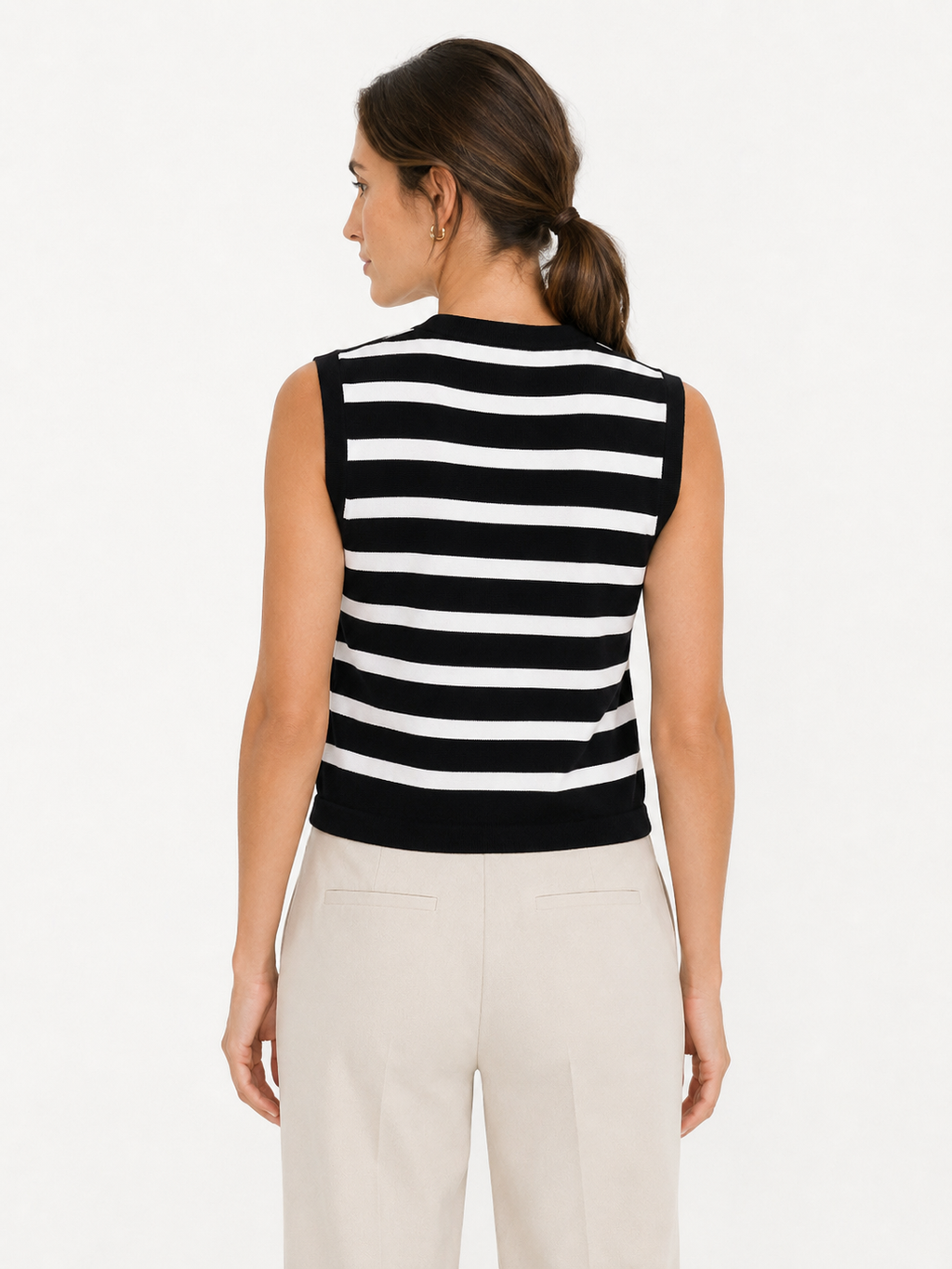 MY018 black striped sleeveless knit cardigan vest back model view