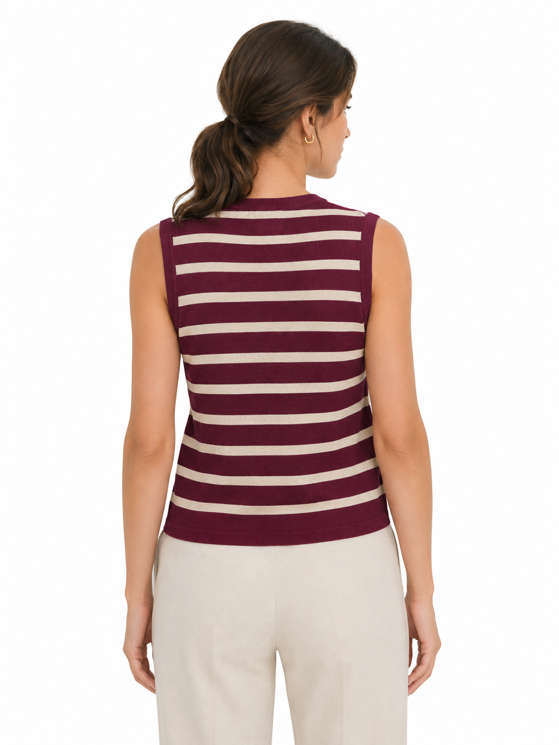 MY018 red striped sleeveless knit cardigan vest back model view