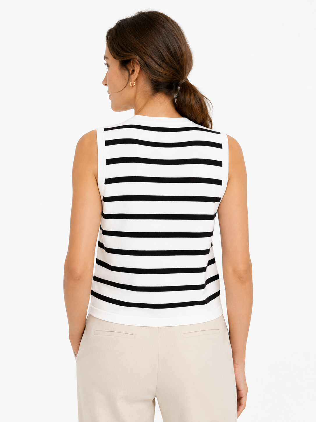 MY018 white striped sleeveless knit cardigan vest back model view