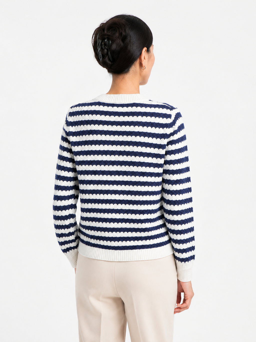 MY009 blue cropped textured knit cardigan back model view