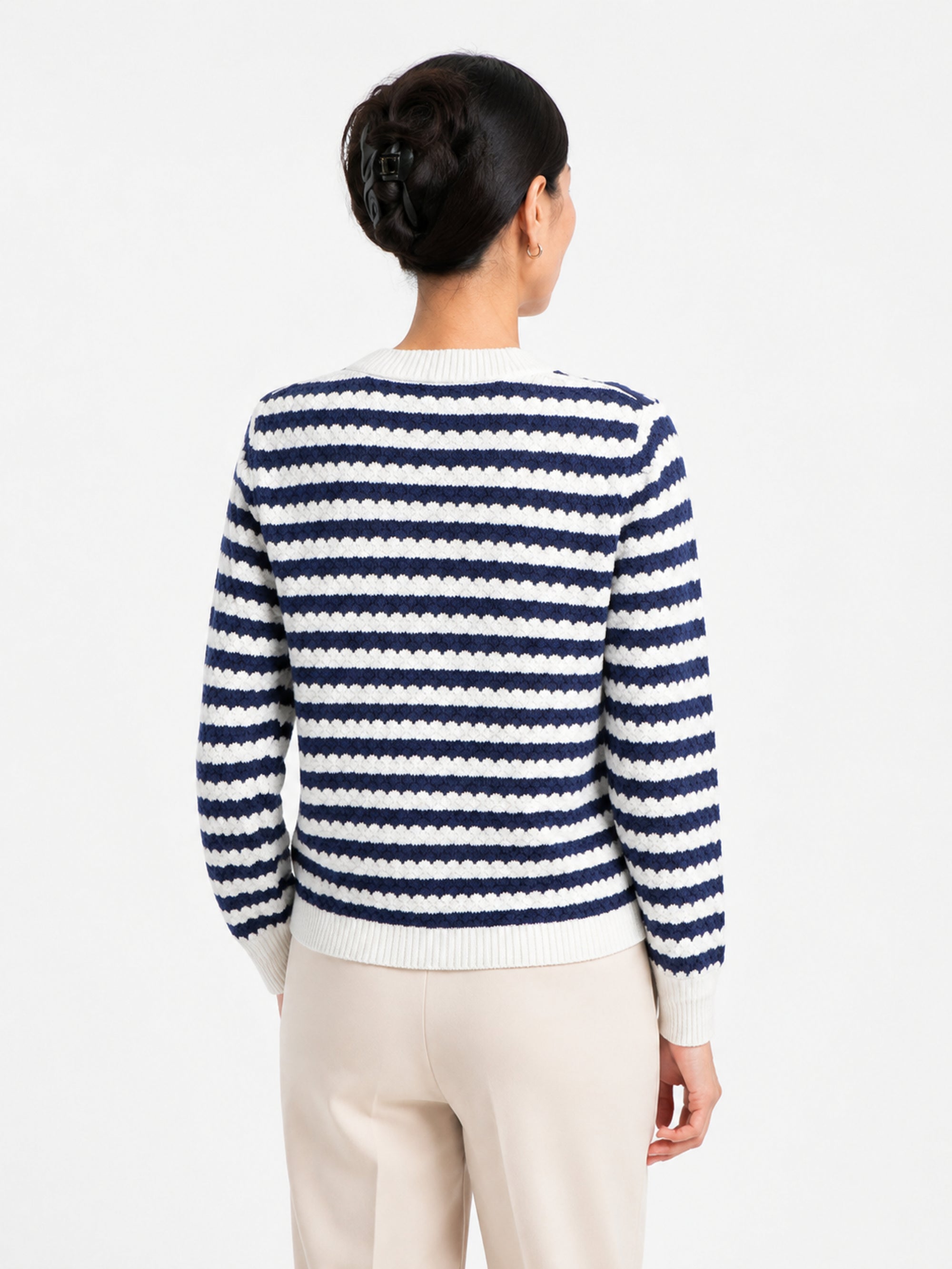 MY009 blue cropped textured knit cardigan back model view