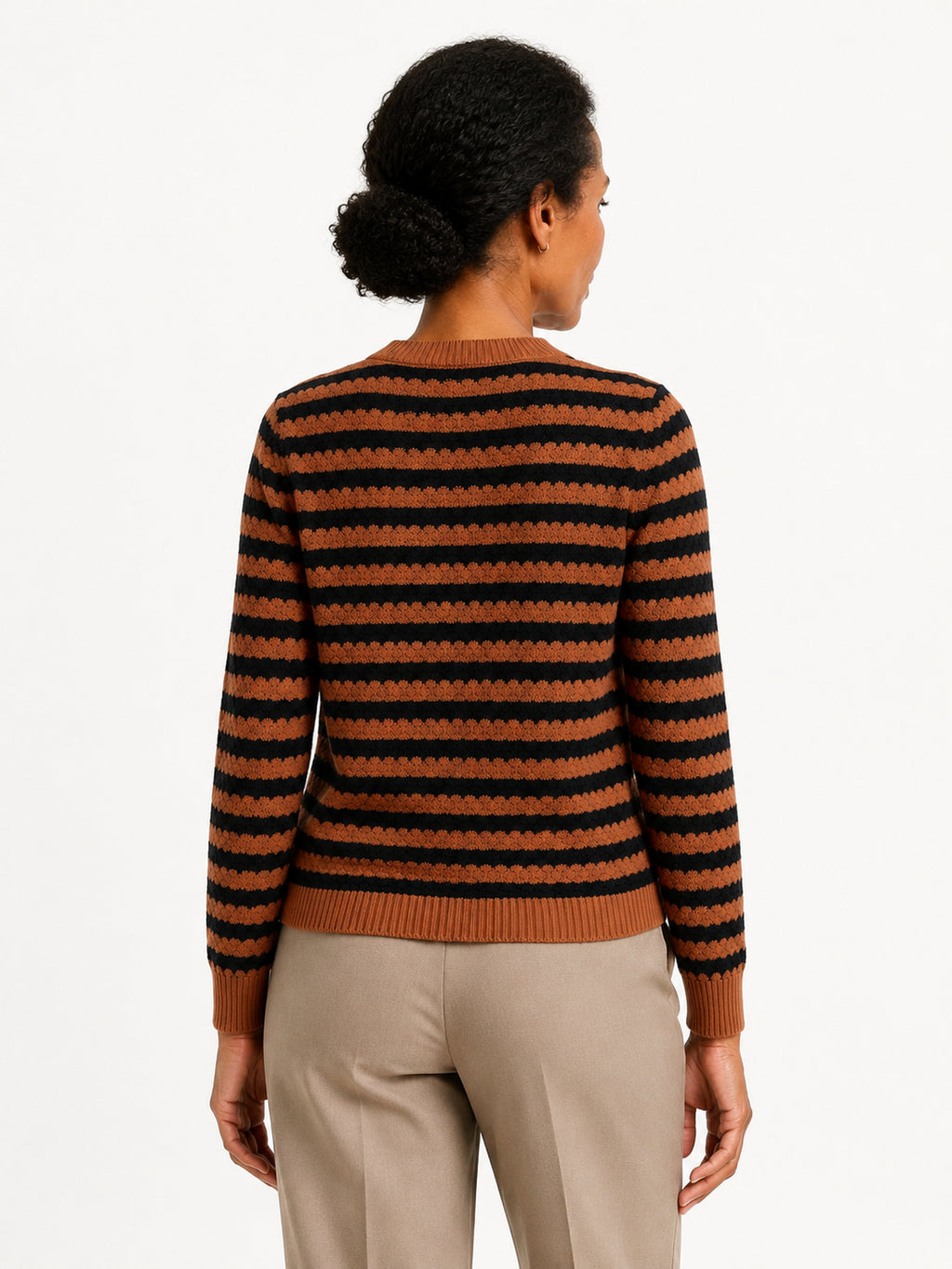 MY009 brown cropped textured knit cardigan back model view