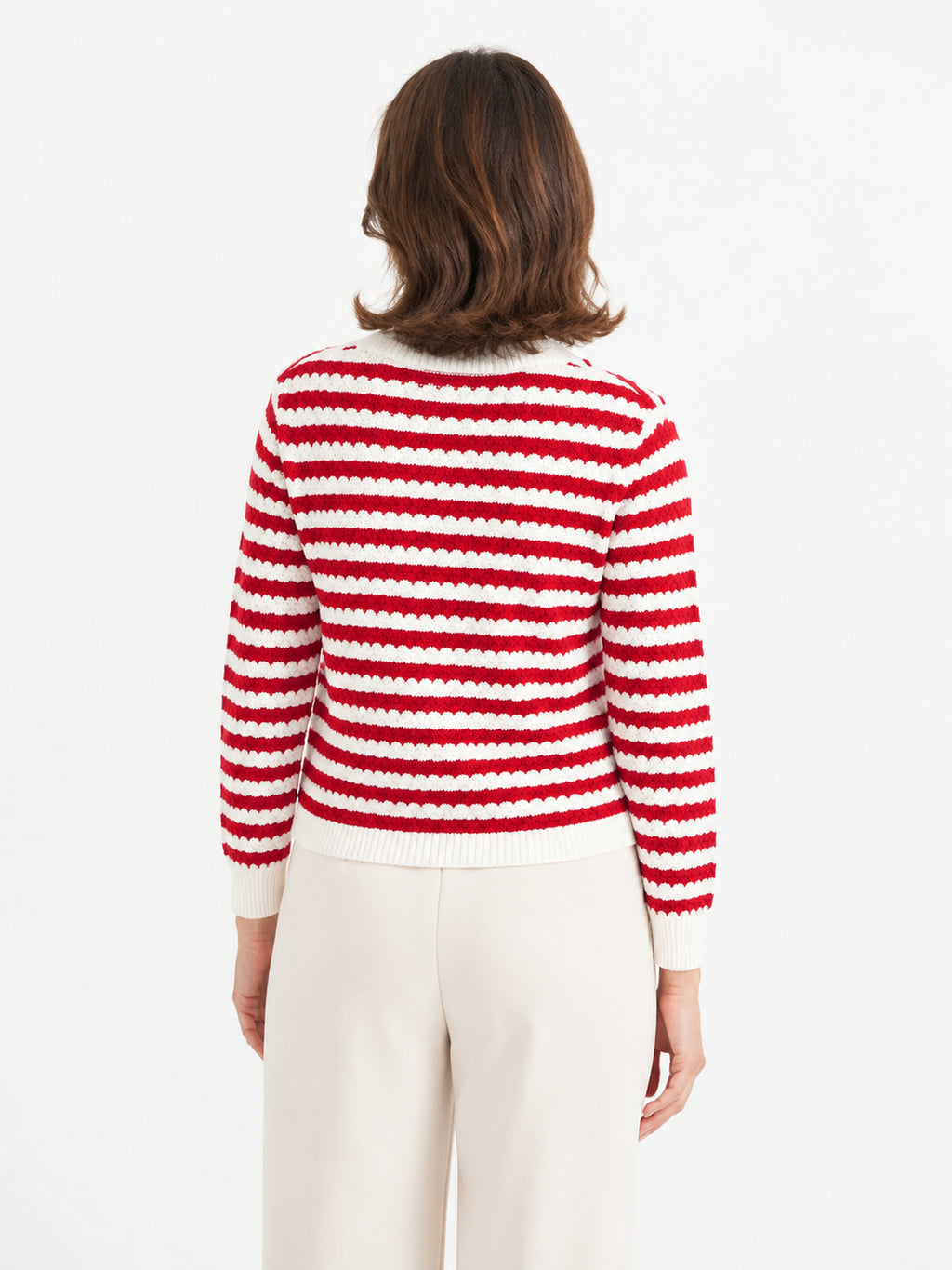 MY009 red cropped textured knit cardigan back model view