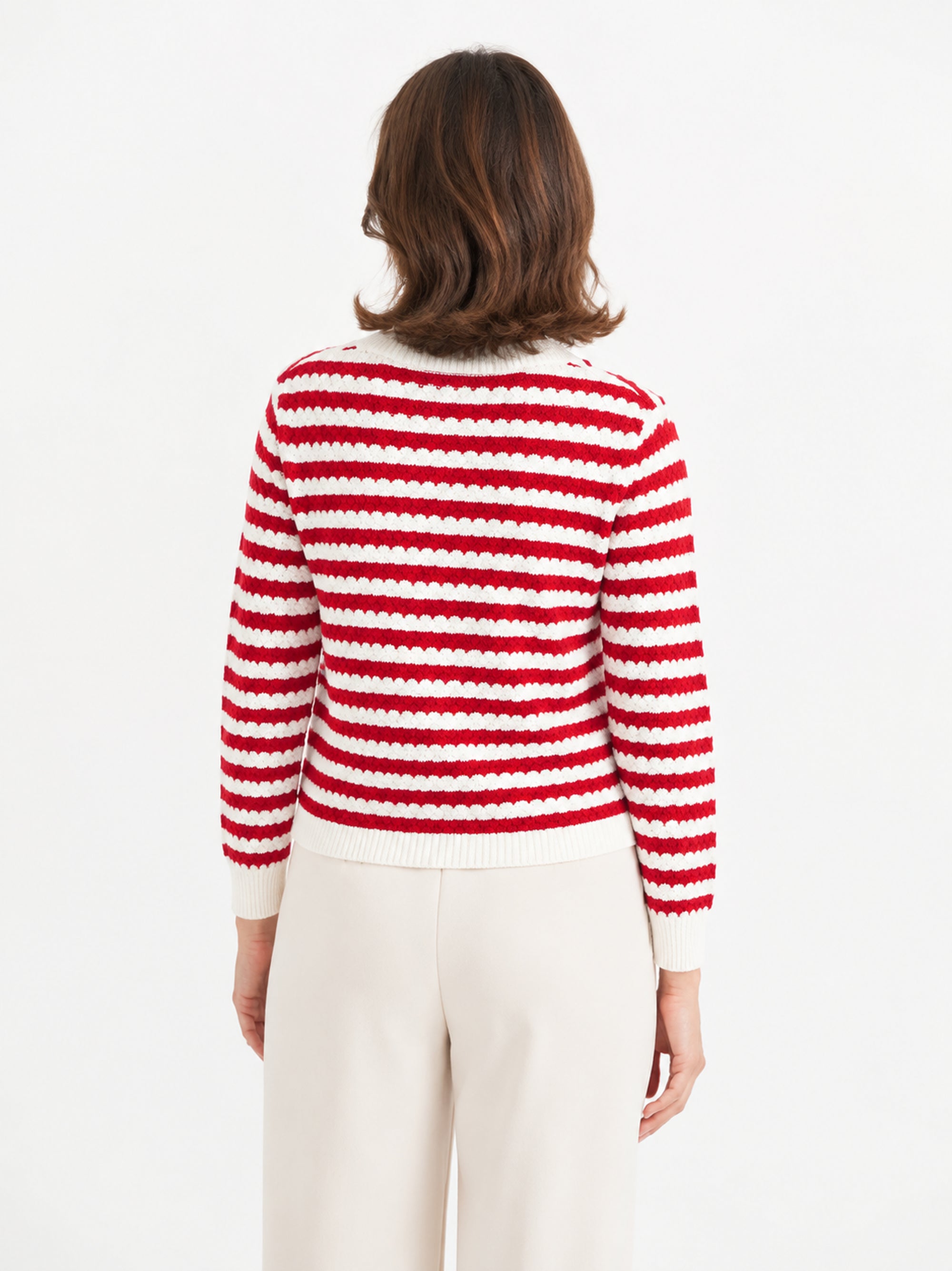 MY009 red cropped textured knit cardigan back model view
