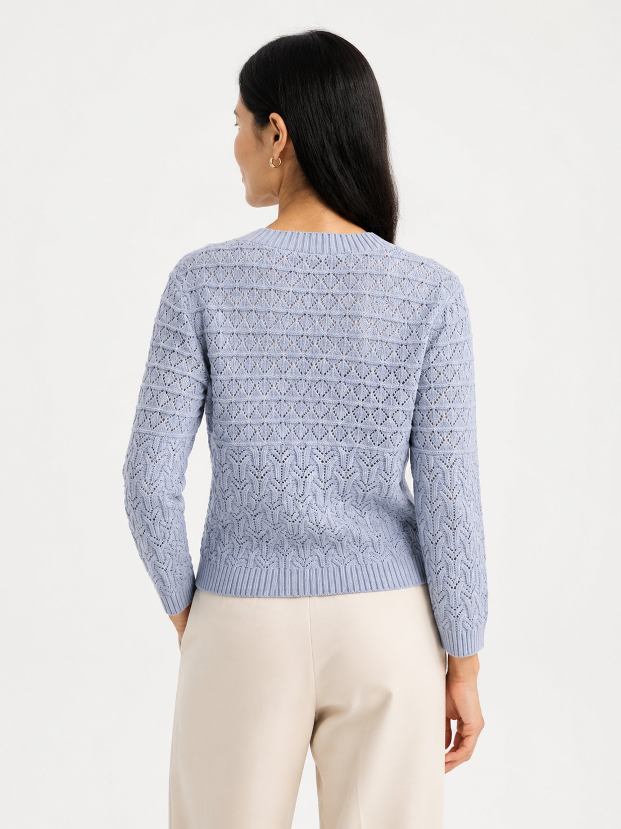 MY015 blue openwork three-quarter sleeve cardigan back model view