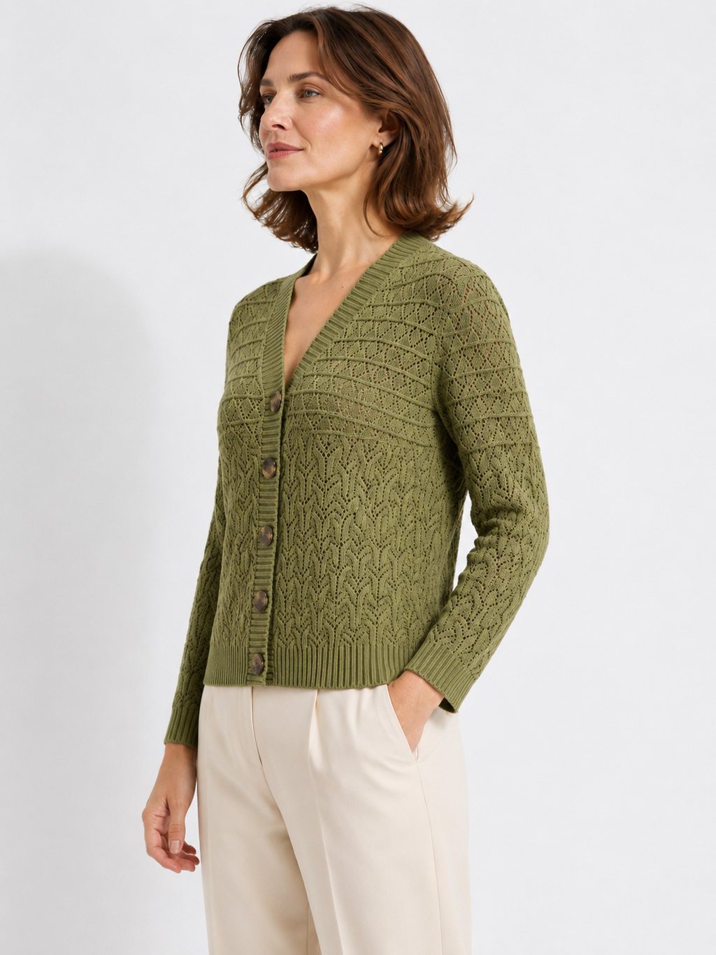 MY015 green openwork three-quarter sleeve cardigan side model view