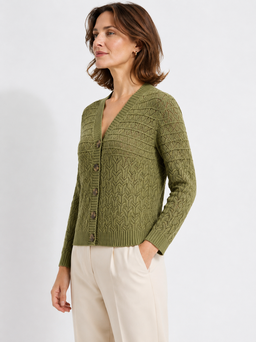 MY015 green openwork three-quarter sleeve cardigan side model view