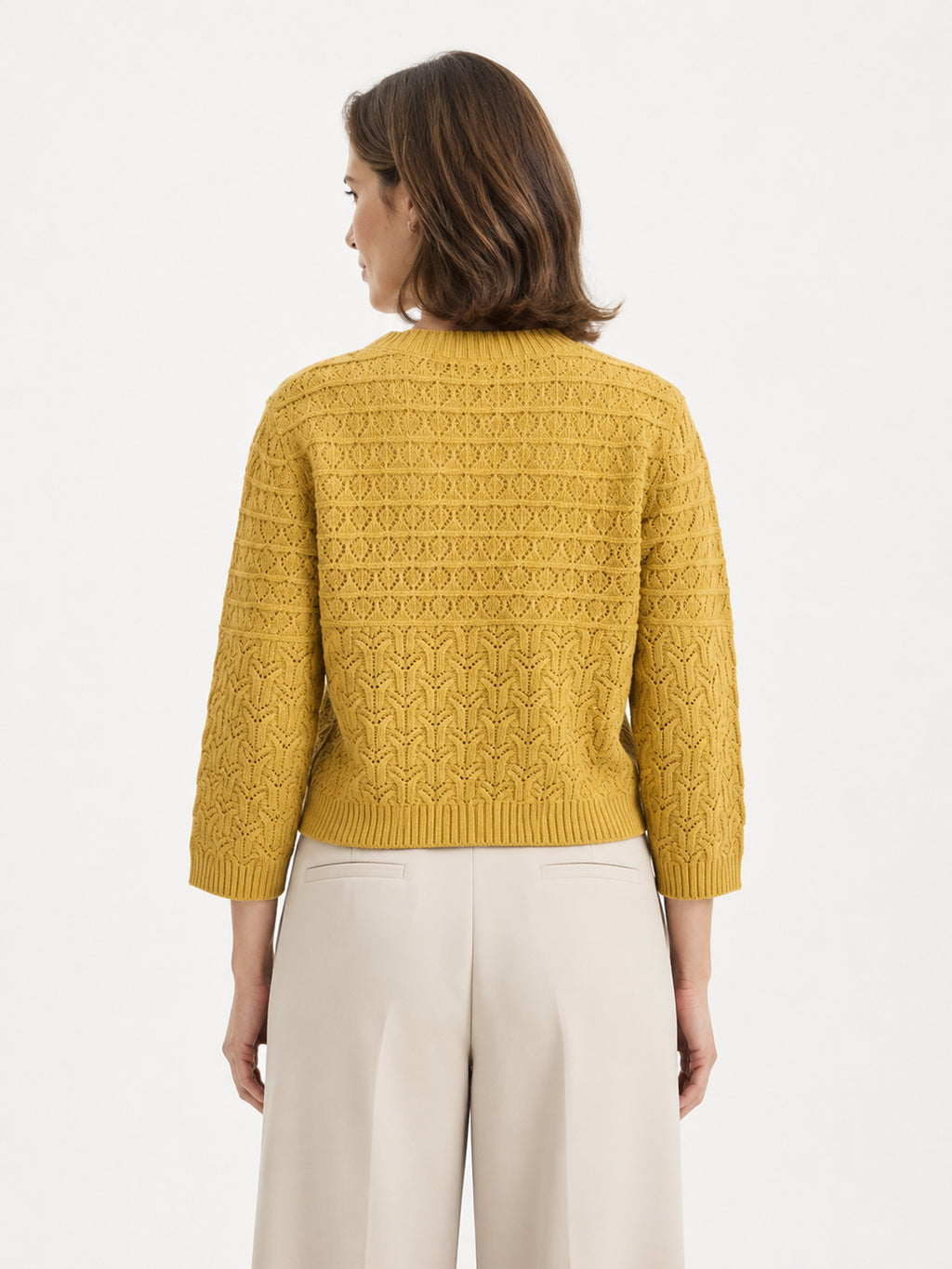 MY015 yellow openwork three-quarter sleeve cardigan back model view