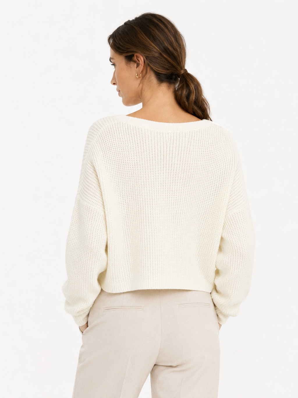 Women's White Cropped V Neck Knit Sweater, Textured Long Sleeve Top