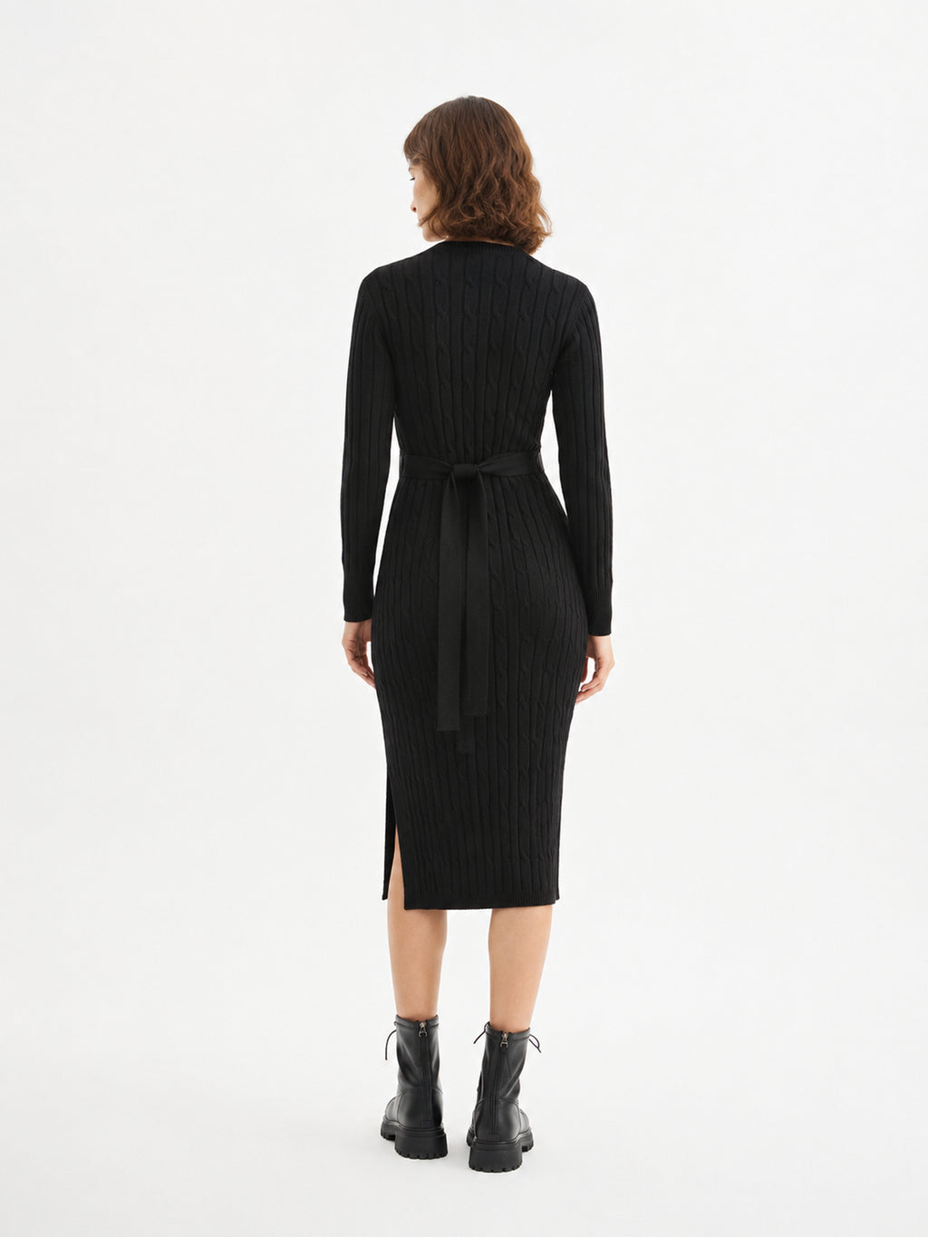 MY011 black v-neck belted knit dress back model view
