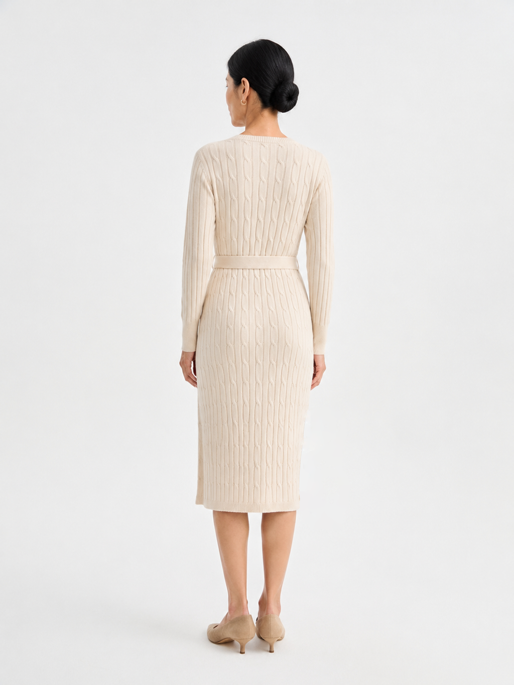 MY011 ivory v-neck belted knit dress back model view