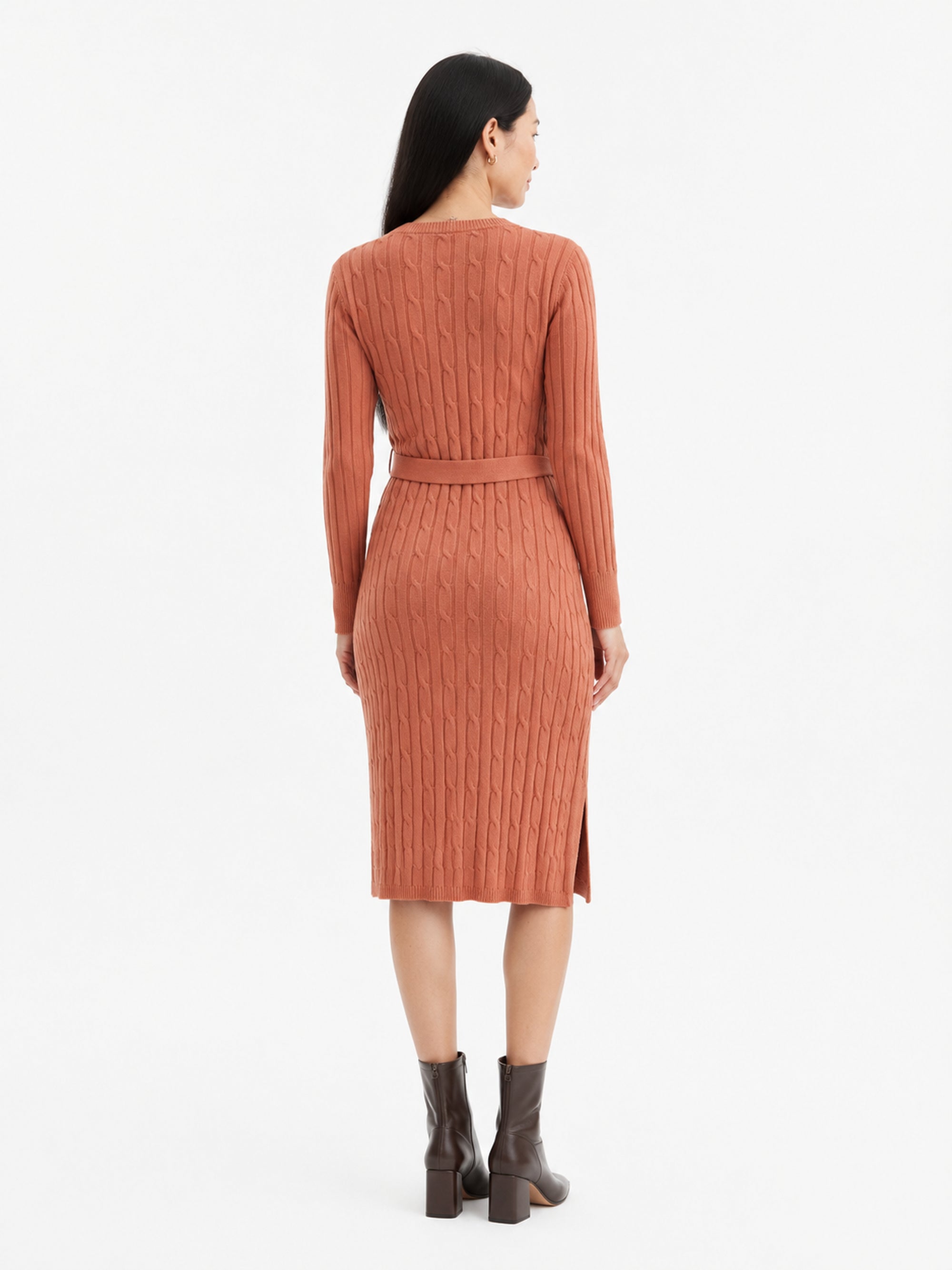 MY011 orange red v-neck belted knit dress back model view