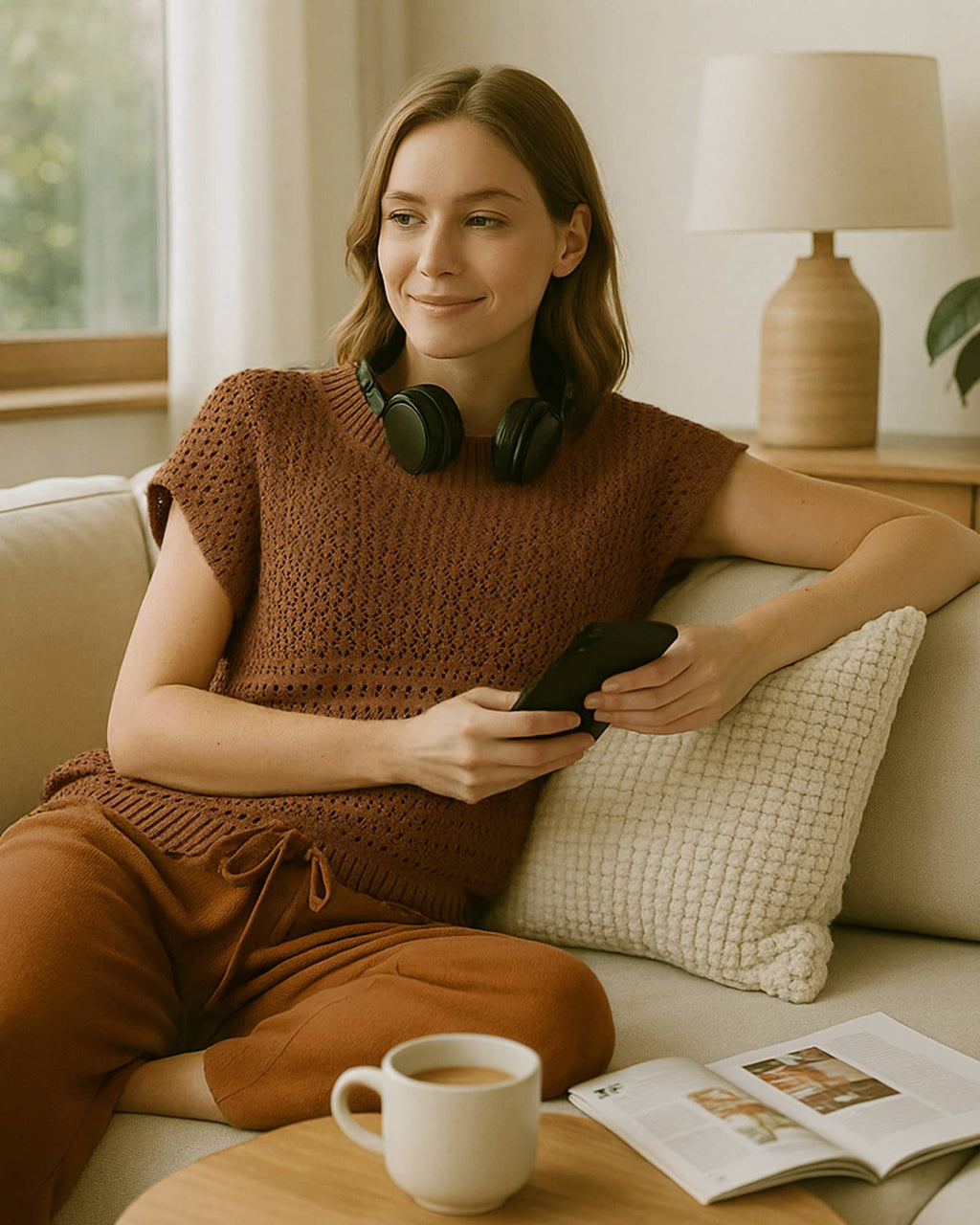 Brown Hollow - out Knitted Loungewear Set