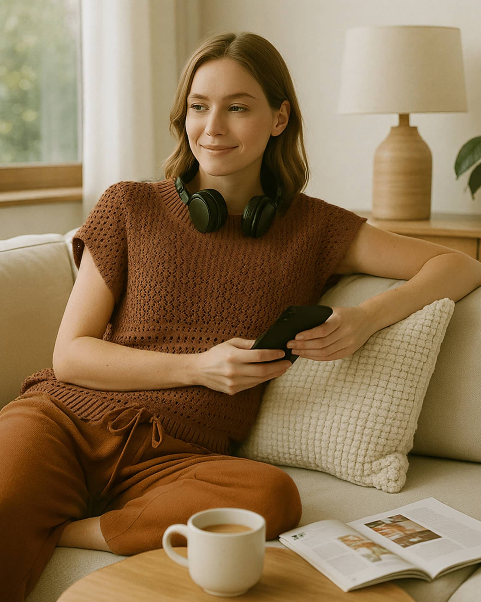 Brown Hollow - out Knitted Loungewear Set