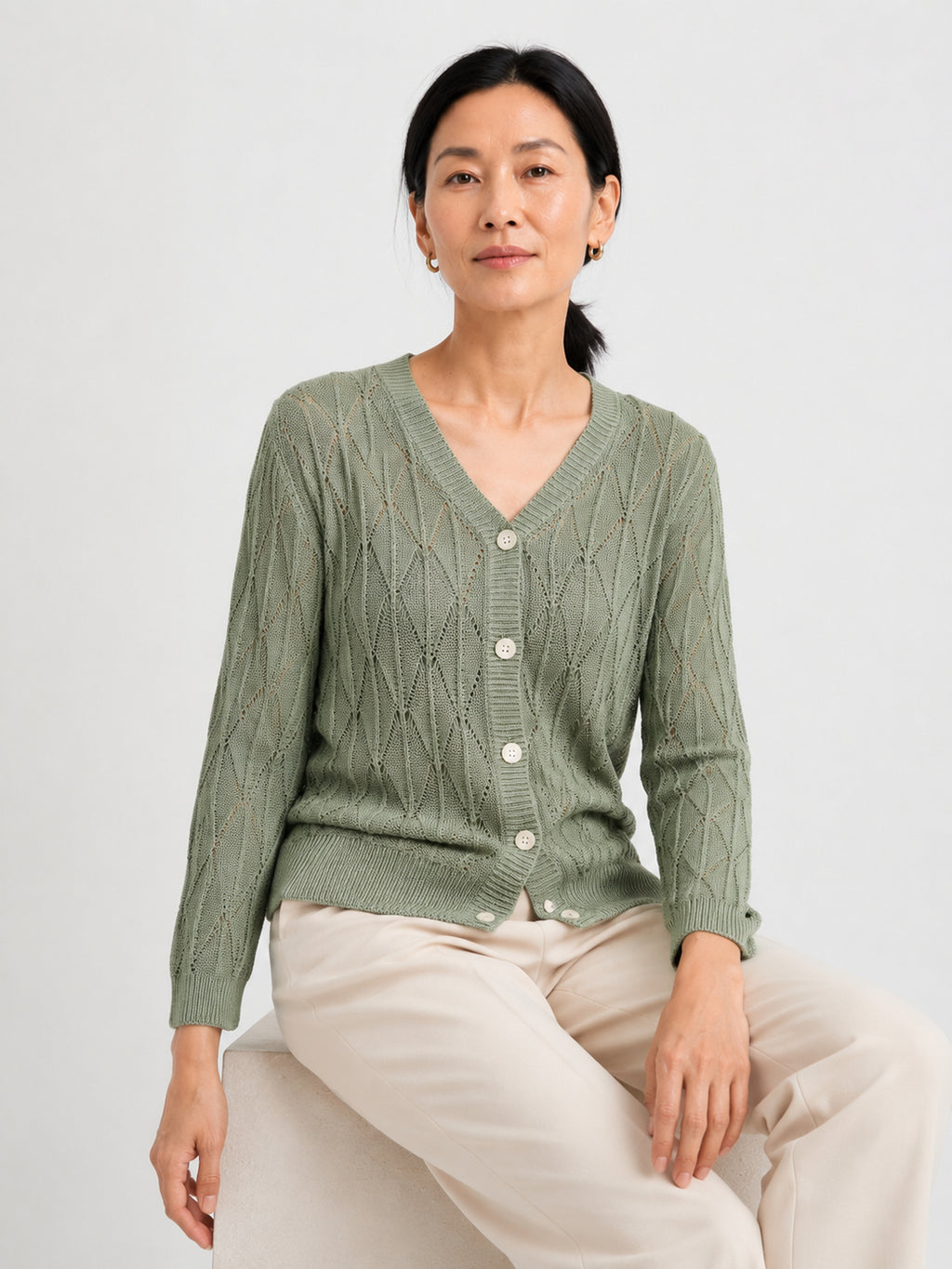 MY021 green openwork v-neck three-quarter sleeve cardigan seated model view