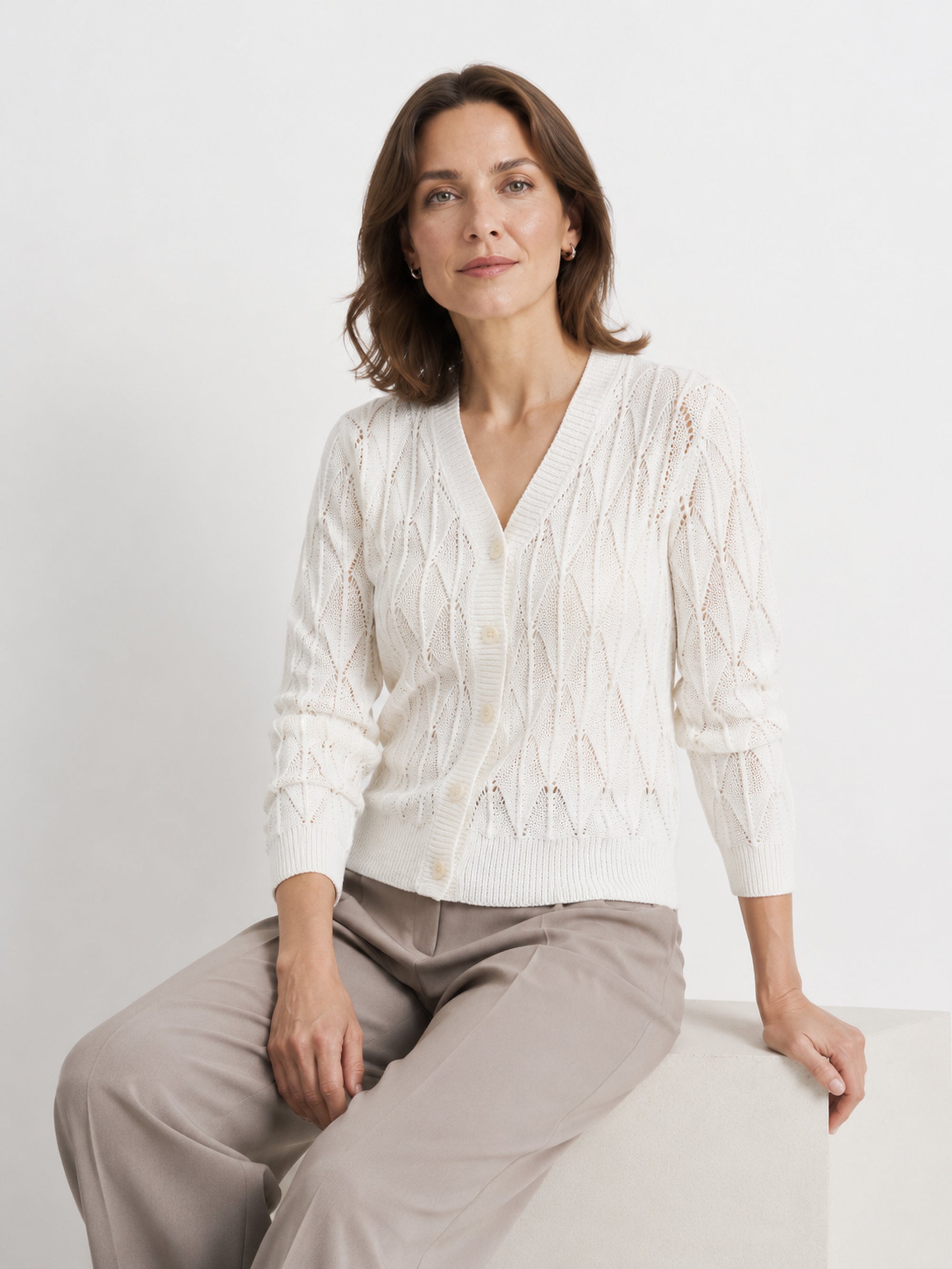 MY021 white openwork v-neck three-quarter sleeve cardigan seated model view
