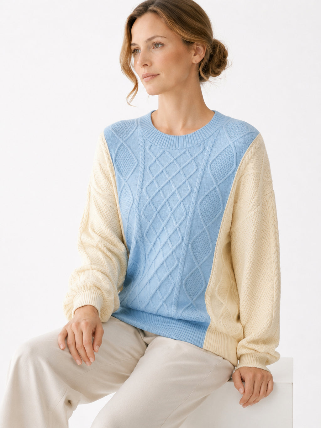MY005 blue textured cable-knit pullover sweater seated model view