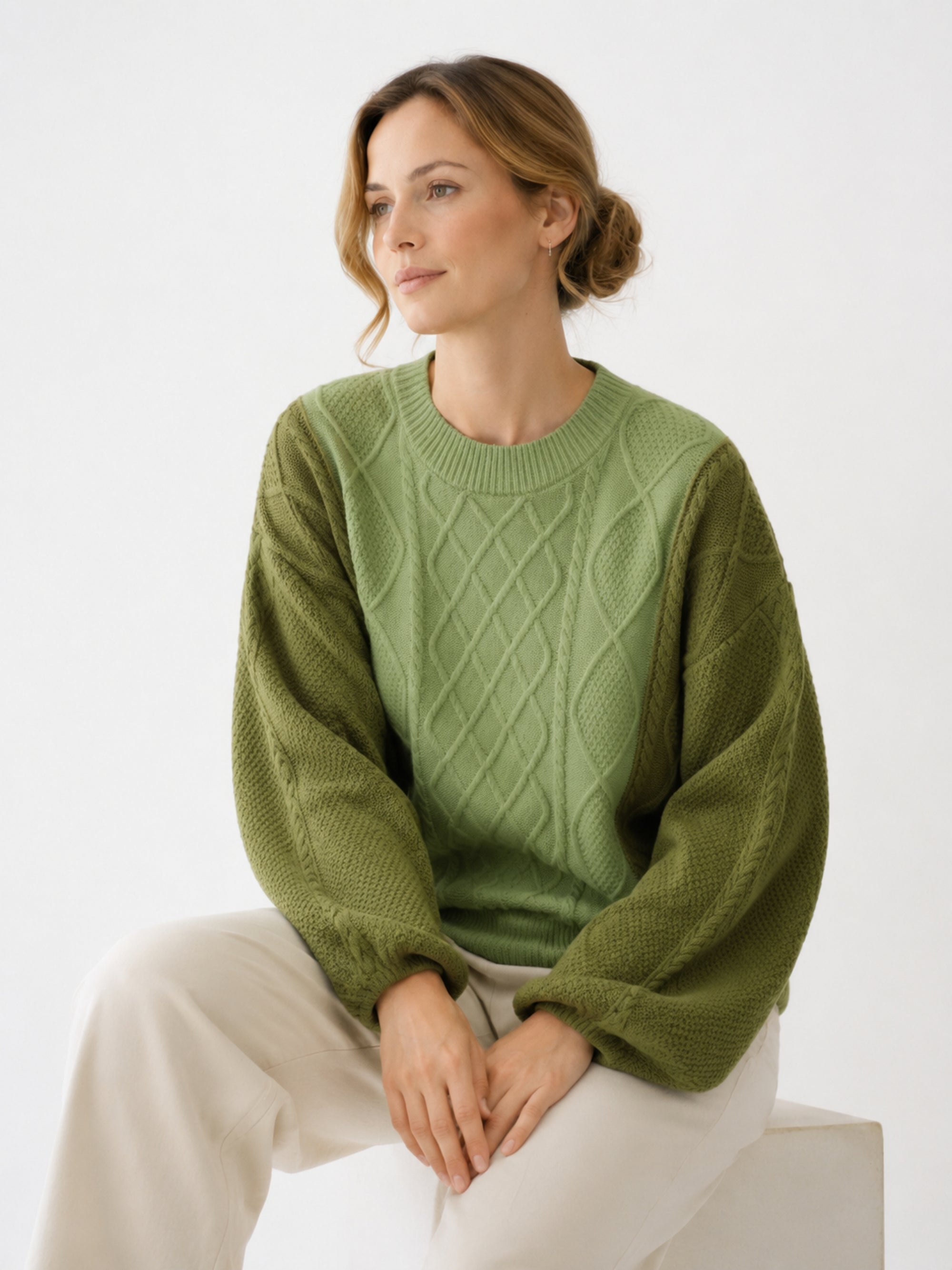 MY005 green textured cable-knit pullover sweater seated model view