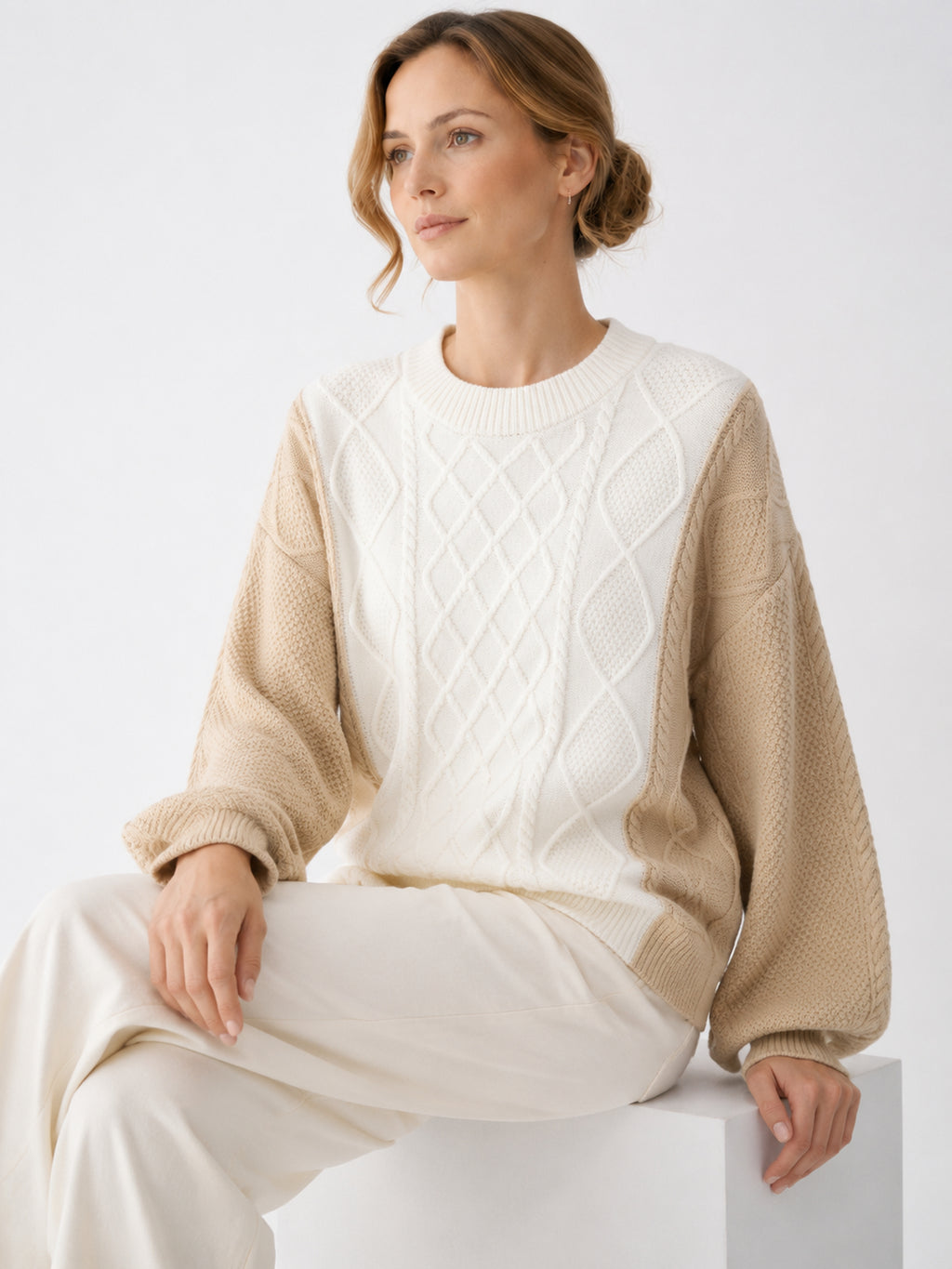 MY005 white textured cable-knit pullover sweater seated model view