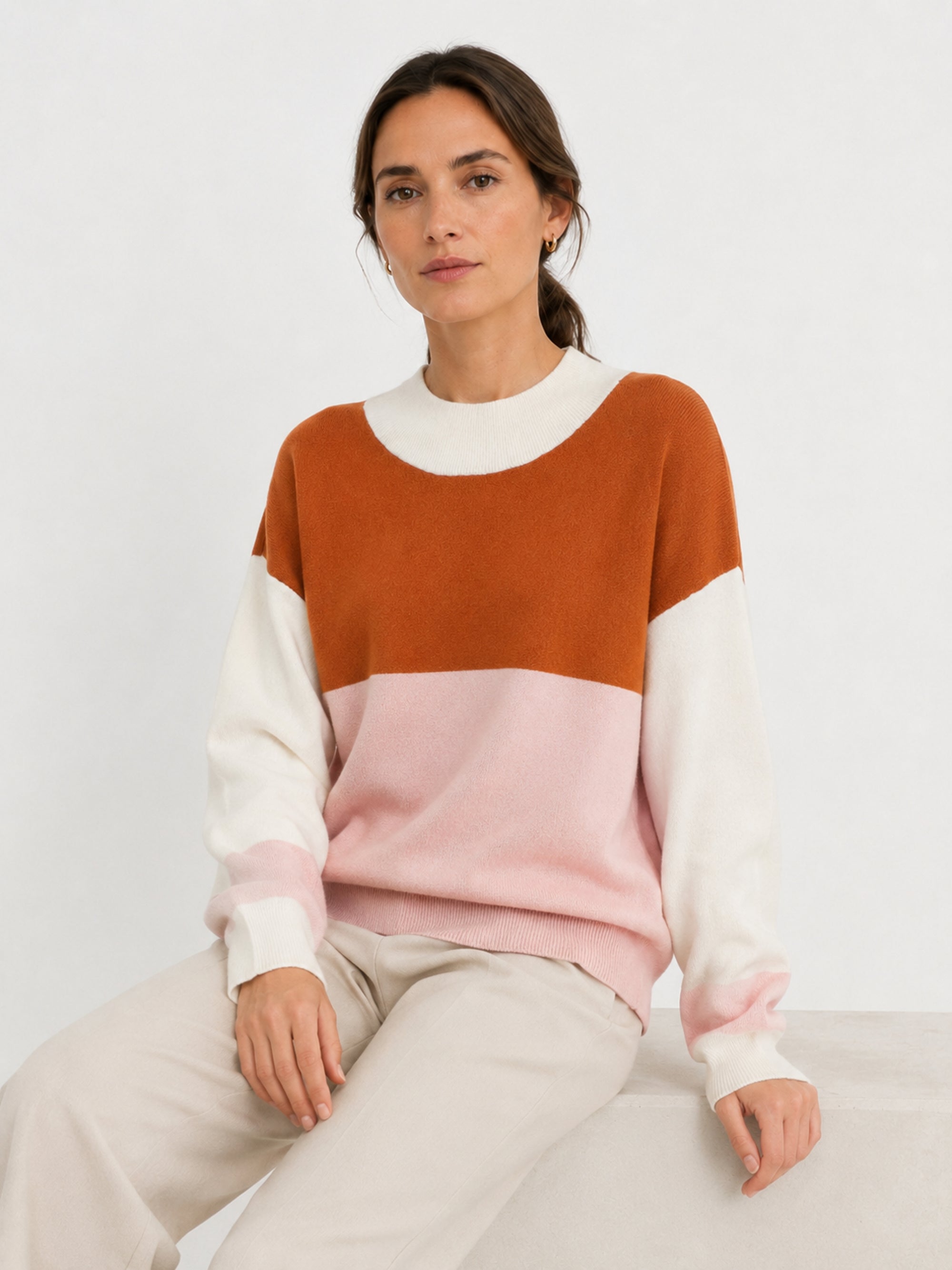 MY007 burgundy wide-neck striped knit pullover seated model view
