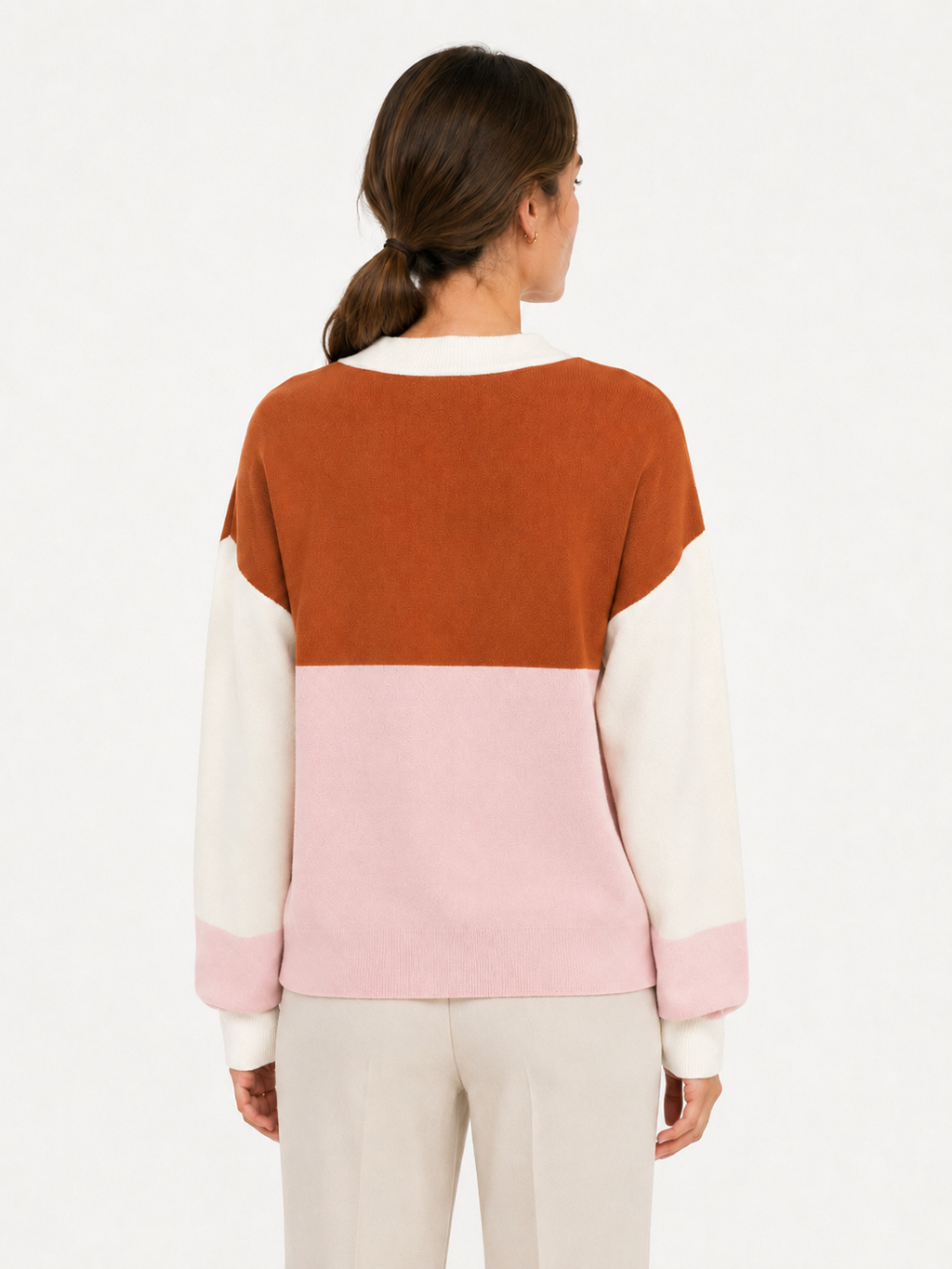 MY007 burgundy wide-neck striped knit pullover back model view
