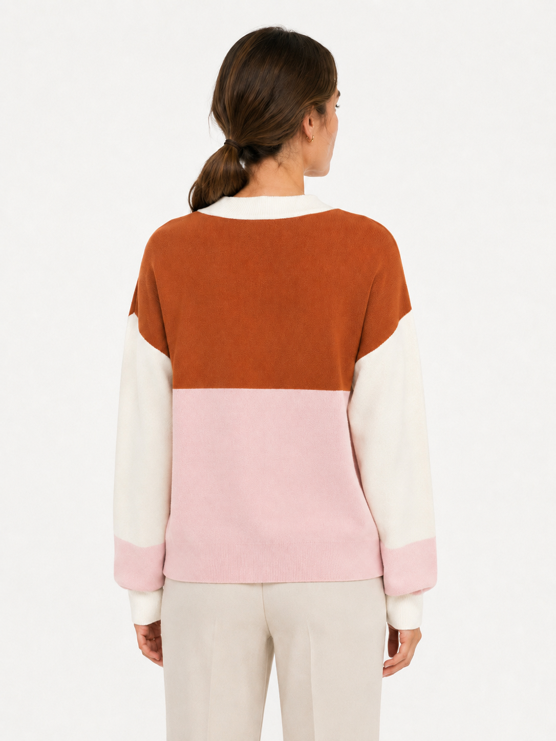 MY007 burgundy wide-neck striped knit pullover back model view