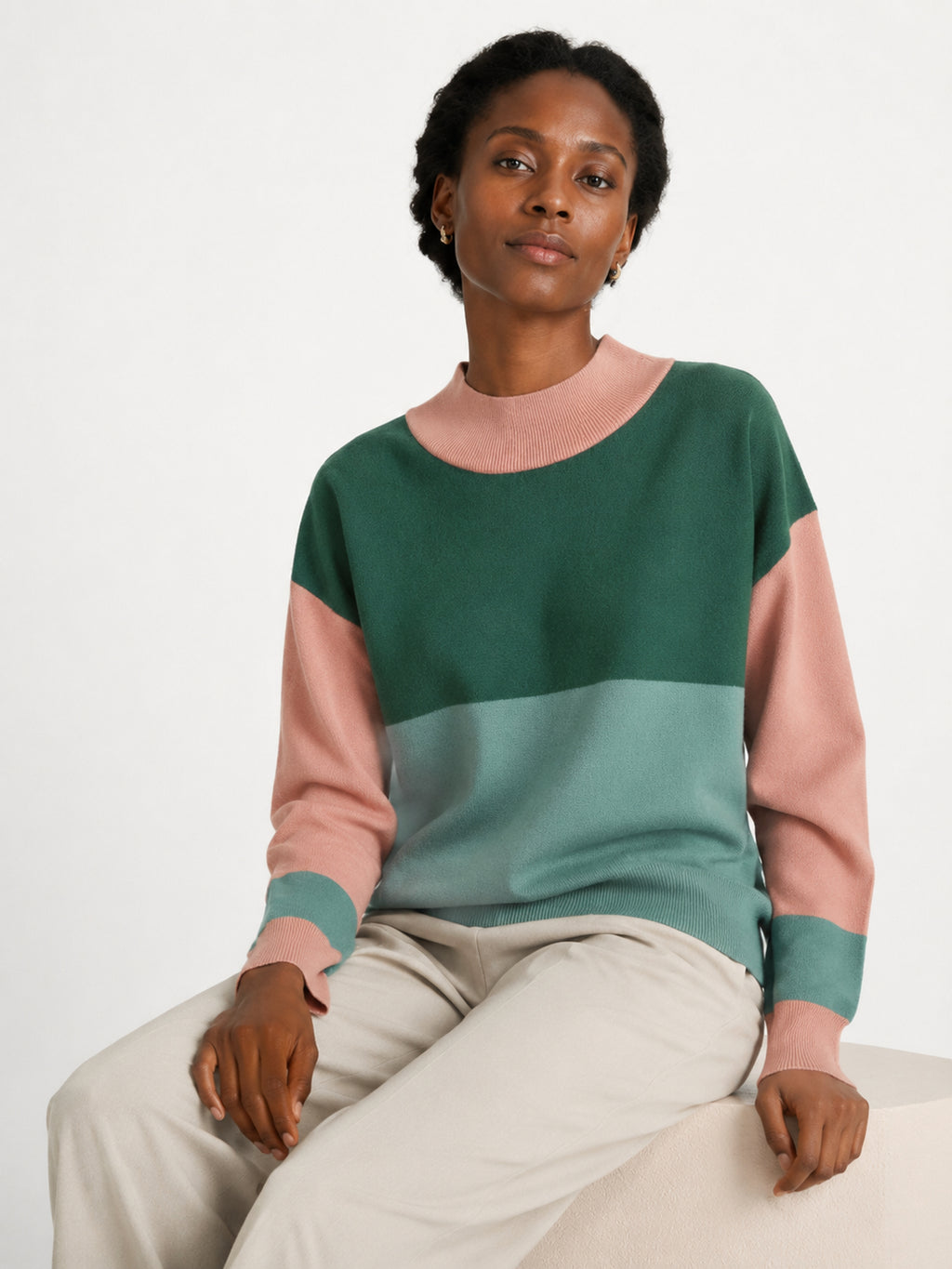 MY007 green wide-neck striped knit pullover seated model view