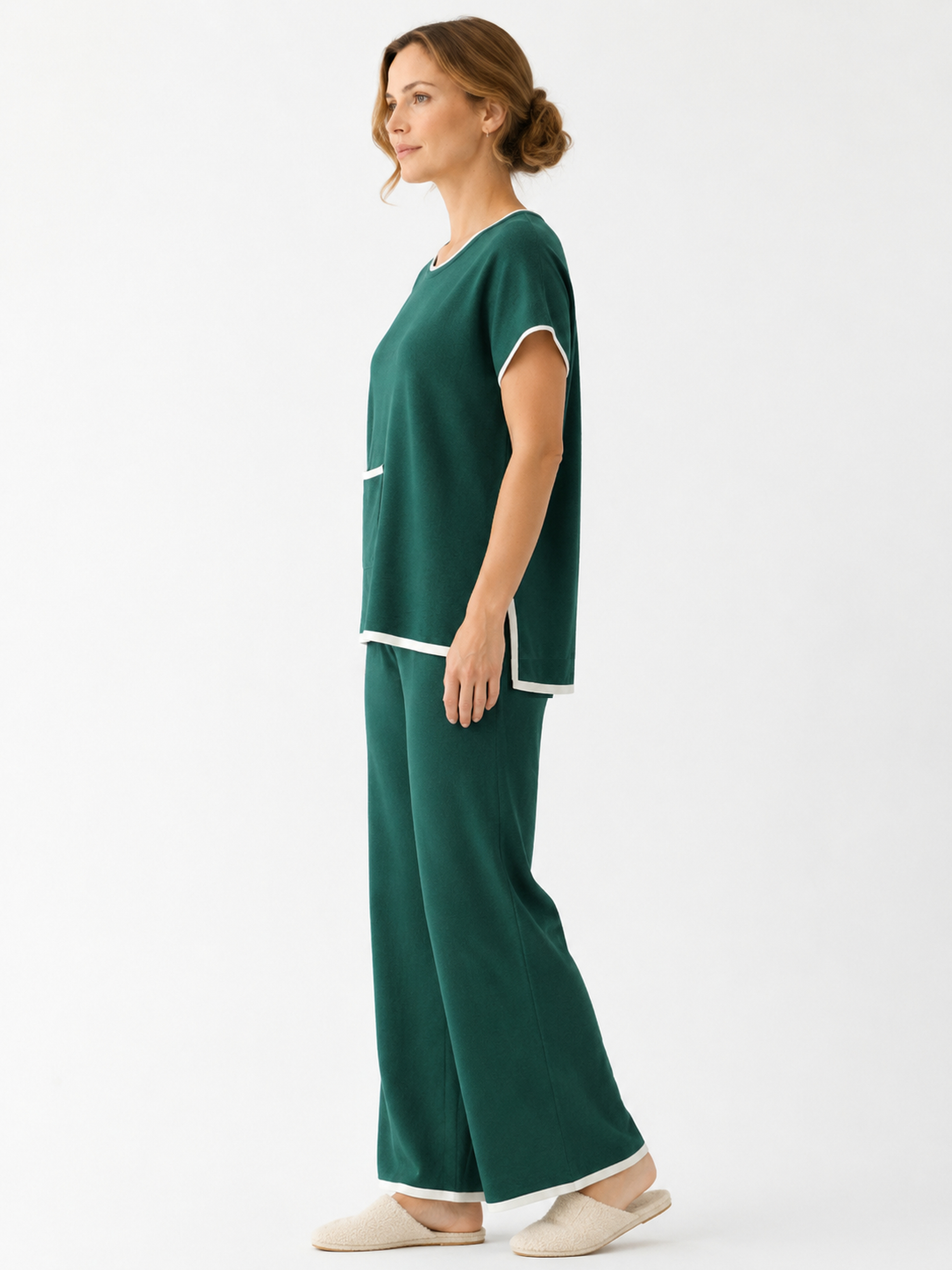 MY001 green contrast-trim sleeveless knit set side model view