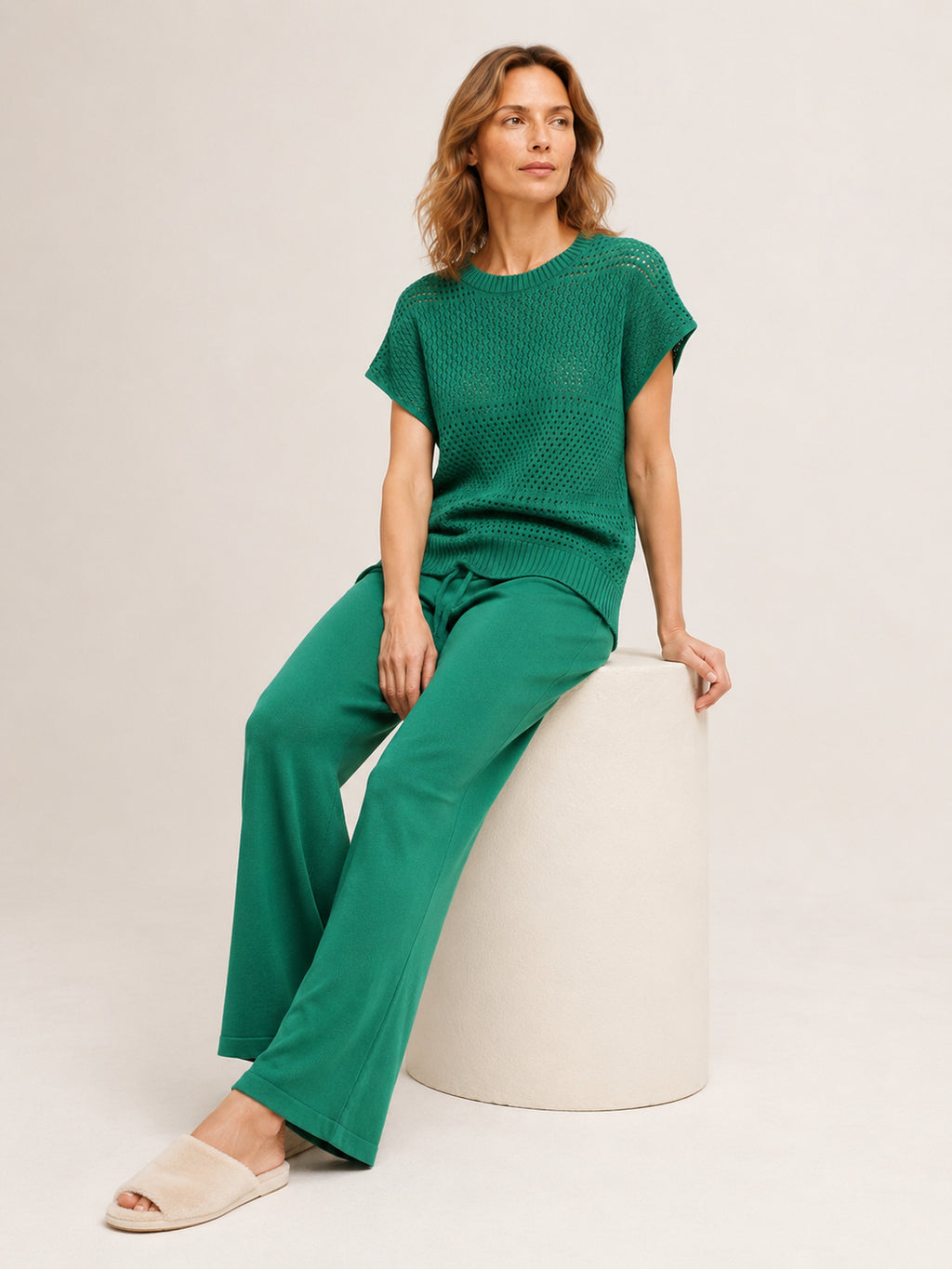 MY010 green open-knit sleeveless top & pants set seated model view