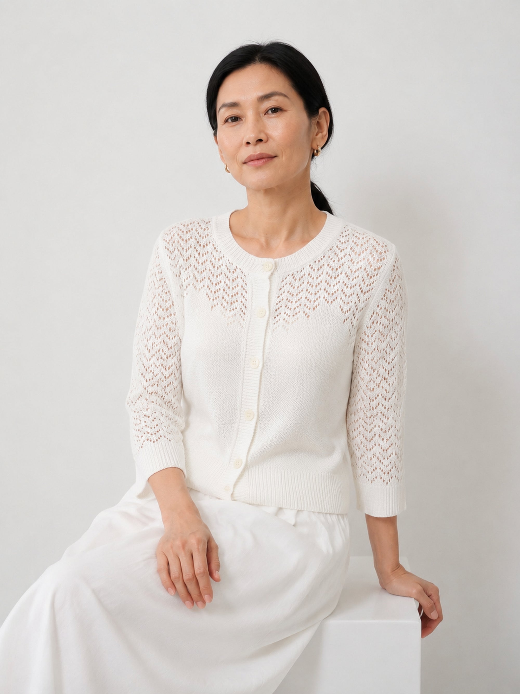 MY023 white openwork round-neck three-quarter sleeve cardigan seated model view