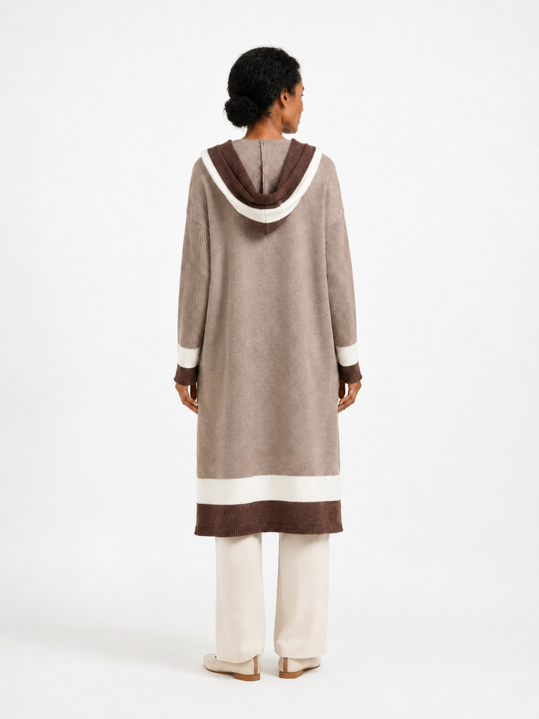 MY004 brown hooded long knit cape cardigan back model view