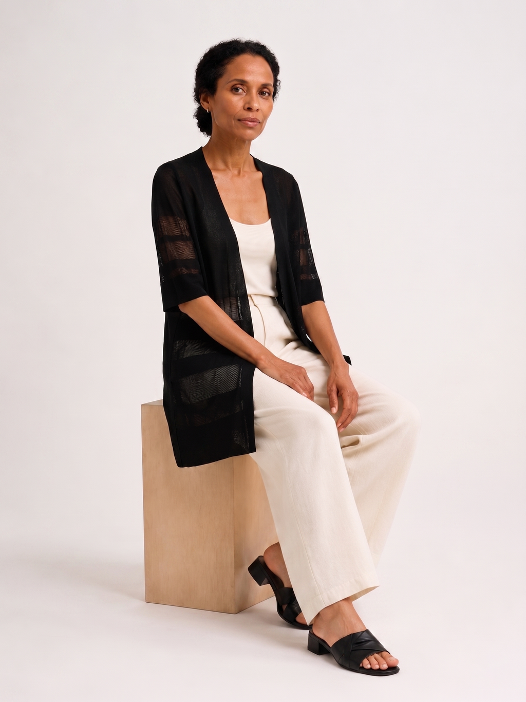 MY022 black long openwork v-neck cardigan seated model view