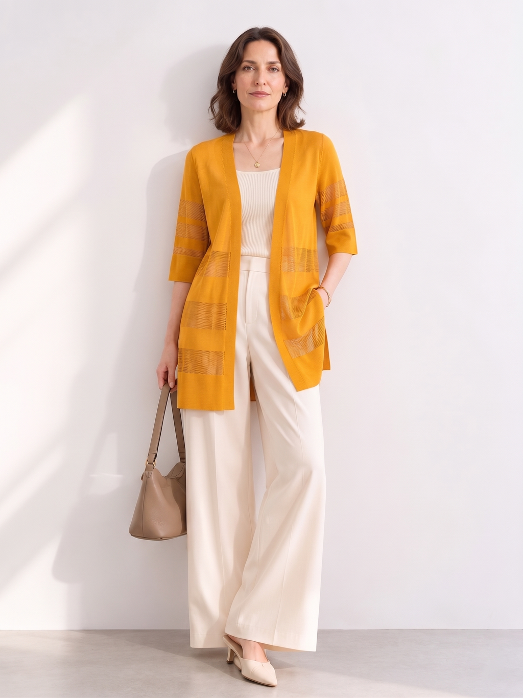MY022 yellow long openwork v-neck cardigan seated model view