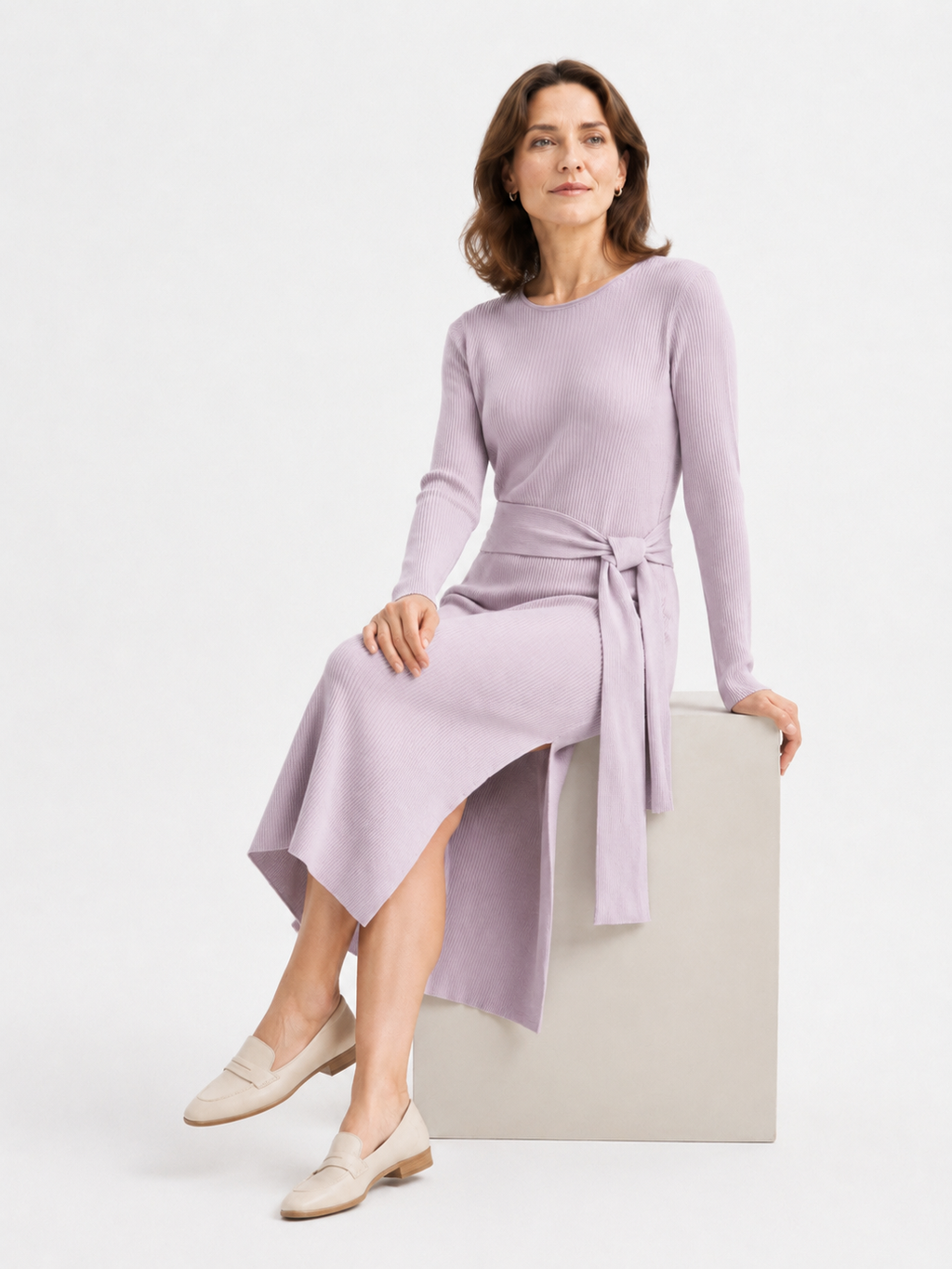 Women's Purple Ribbed Sweater Dress, Side Slit Belted Knit Dress