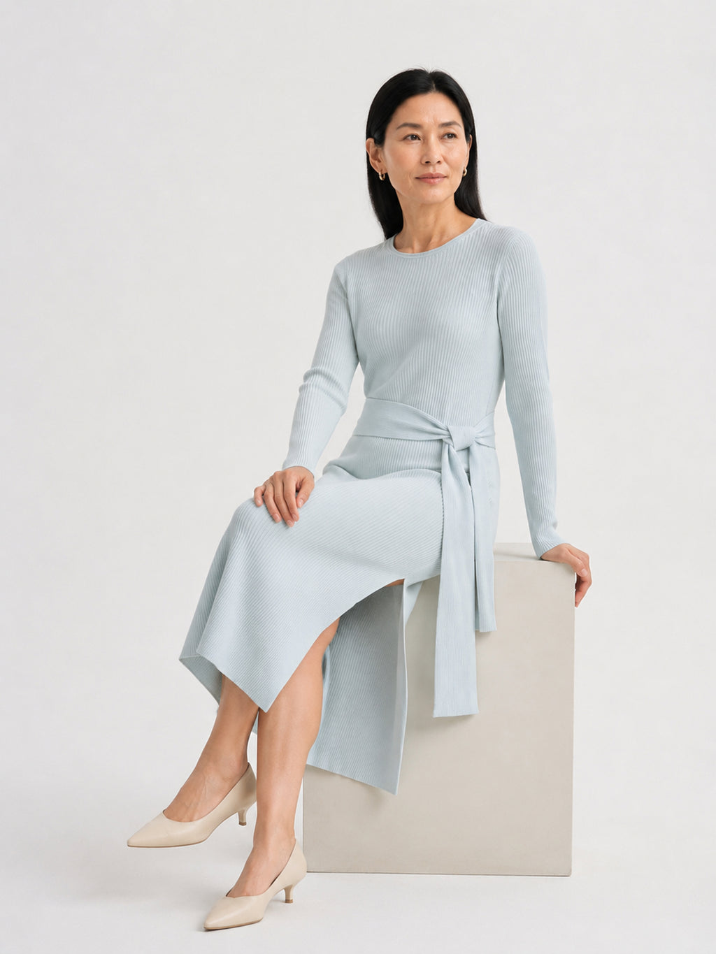 MY012 teal green ribbed side-slit sweater dress seated model view