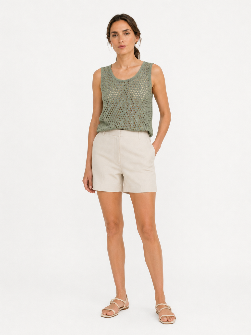 MY019 green open-knit sleeveless sweater tank seated model view