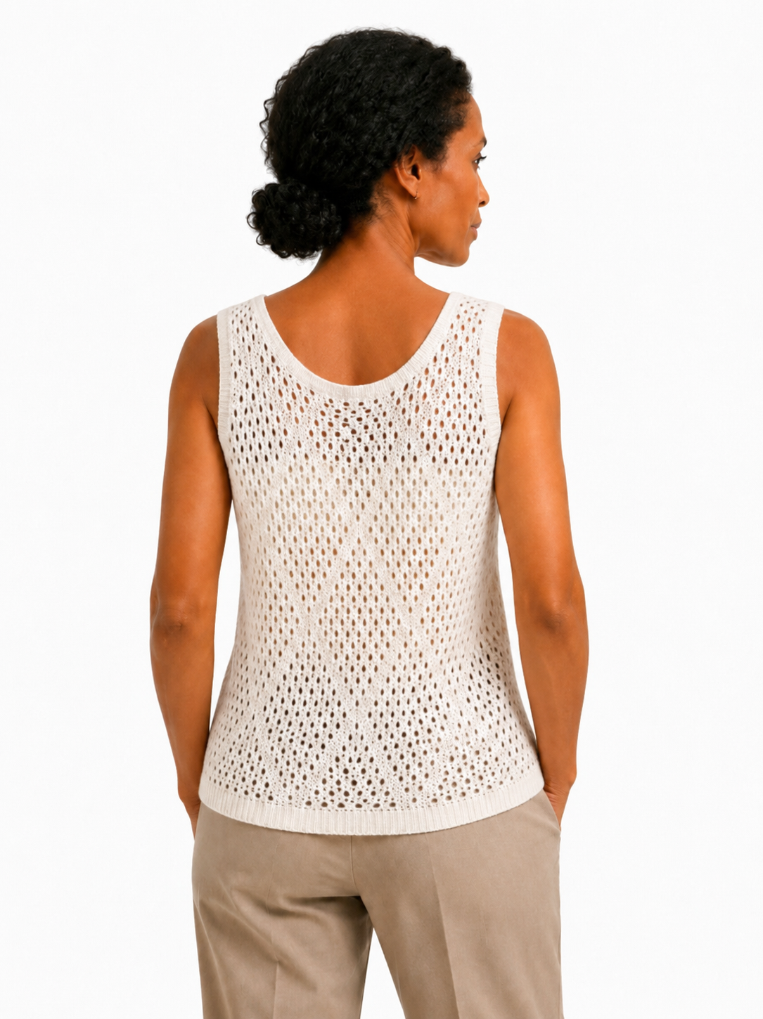 MY019 white open-knit sleeveless sweater tank seated model view