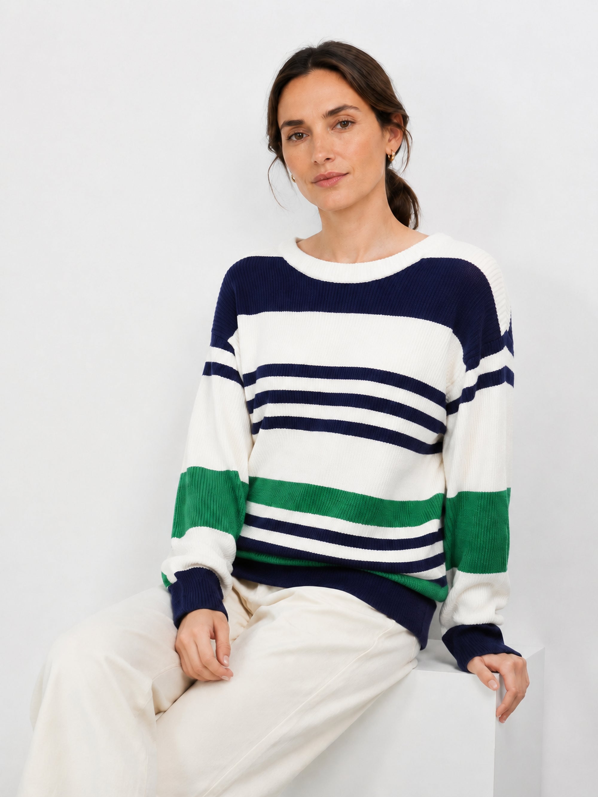 MY008 teal wide-neck off-shoulder textured sweater seated model view