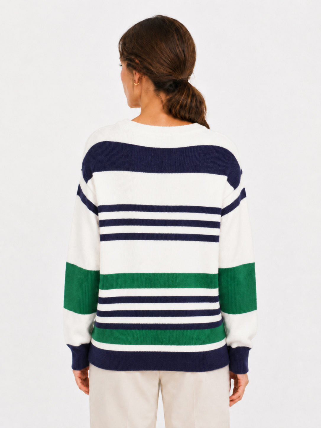MY008 teal wide-neck off-shoulder textured sweater back model view