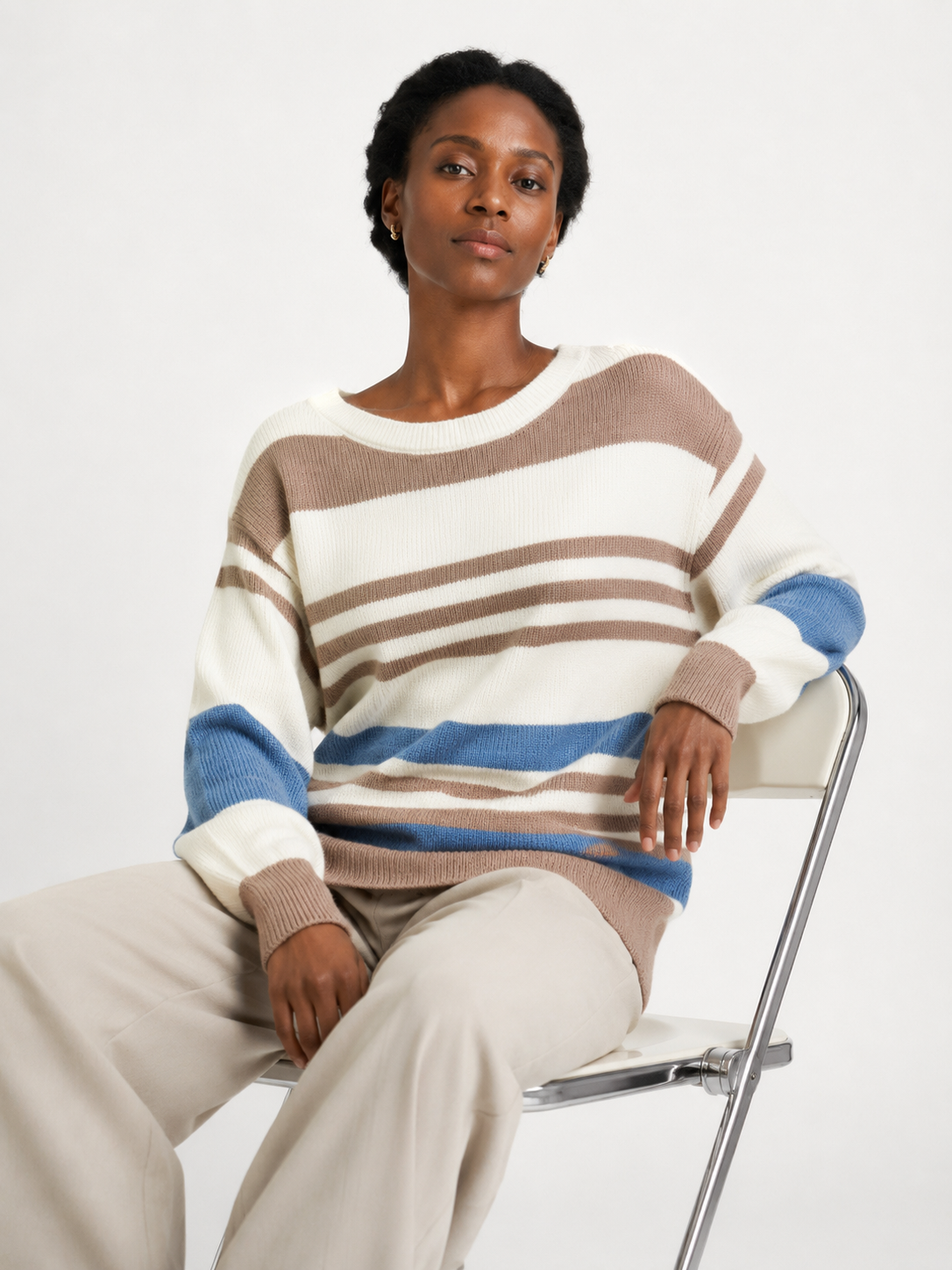 Women's Brown Off Shoulder Knit Sweater, Wide Neck Textured Pullover