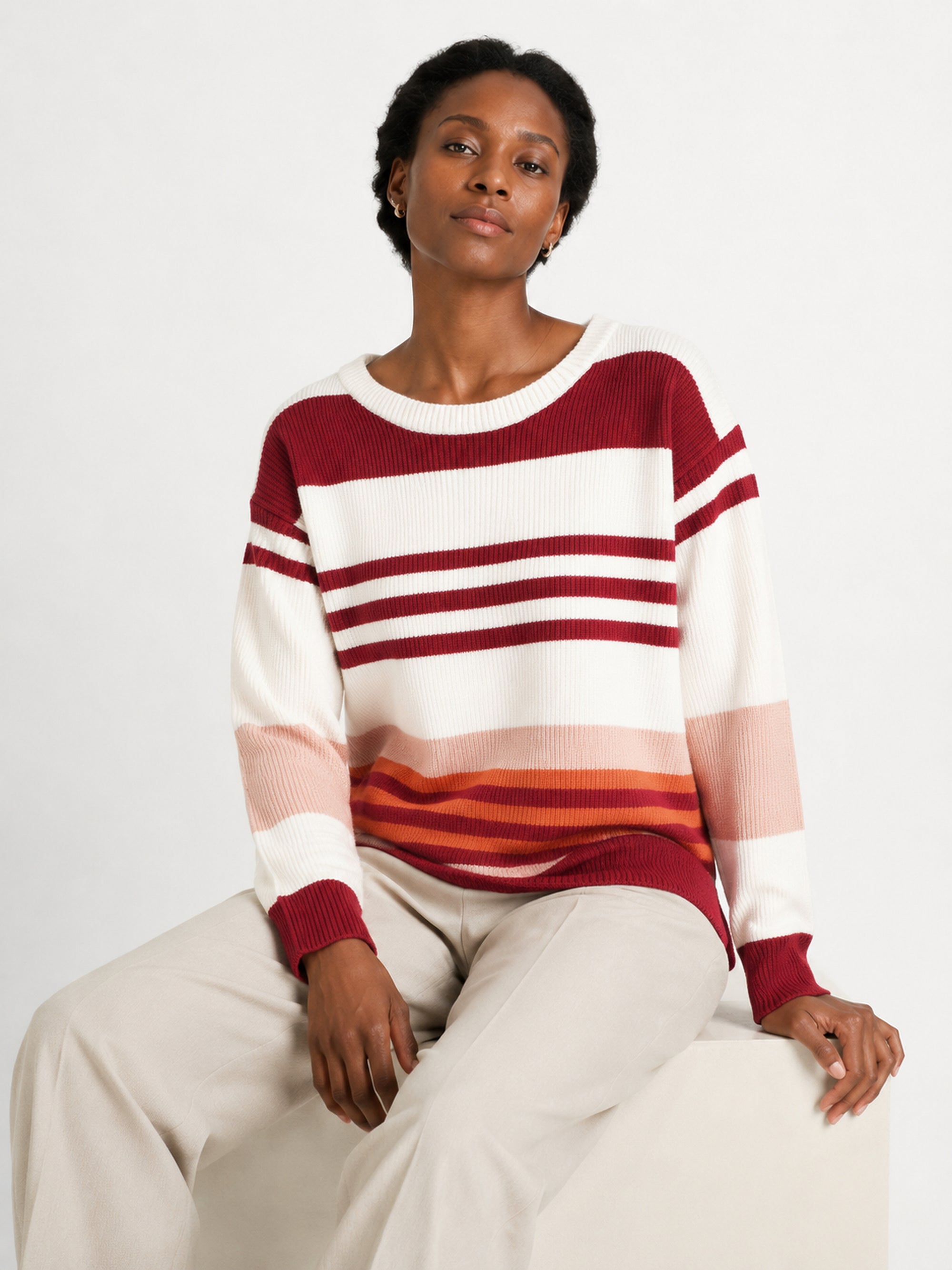 MY008 burgundy wide-neck off-shoulder textured sweater seated model view
